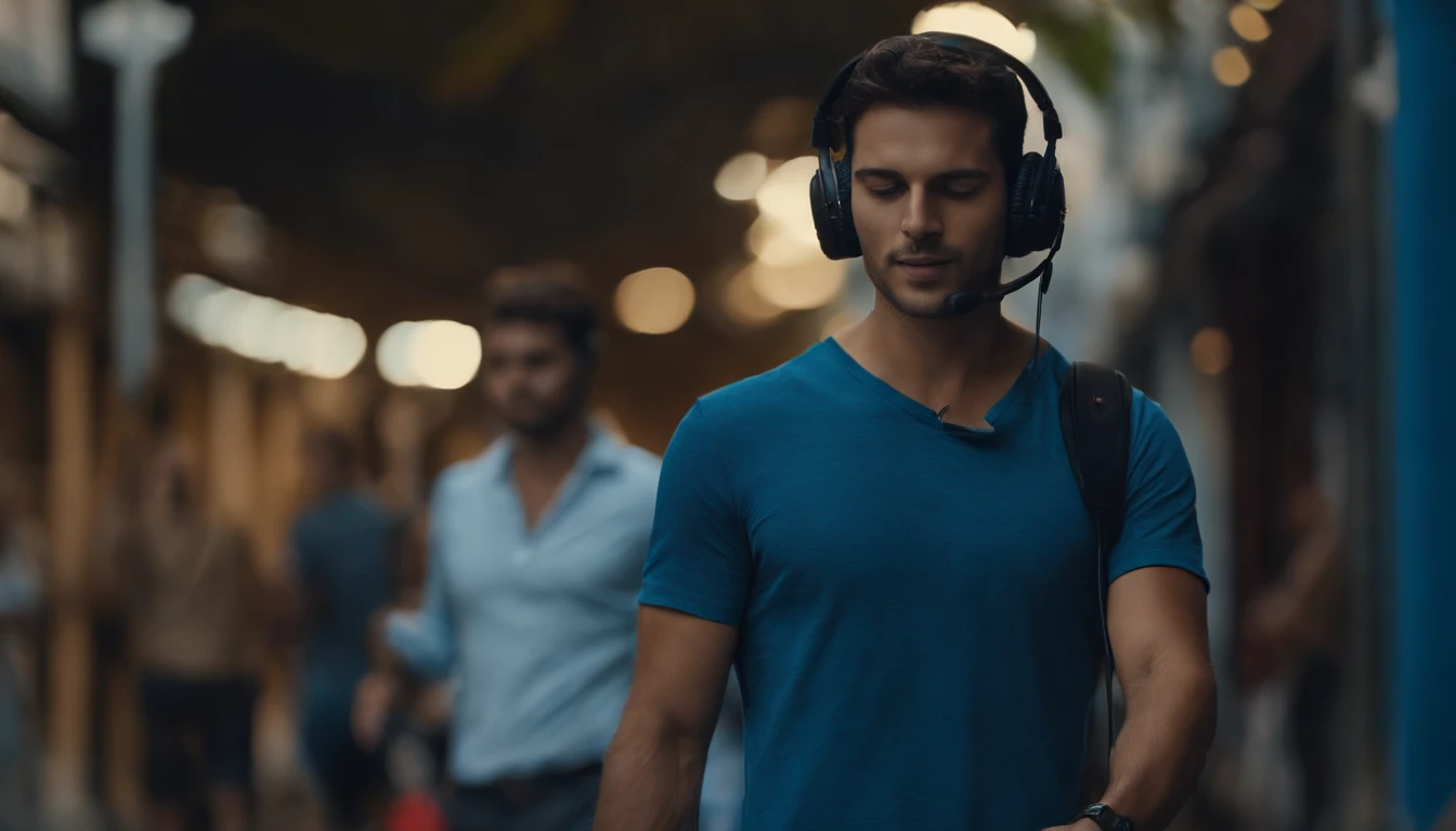 estudante , Brasileira, com smartphone e headset, Andando pelas ruas de Fortaleza de jeans, camisa azul, British Tennis,