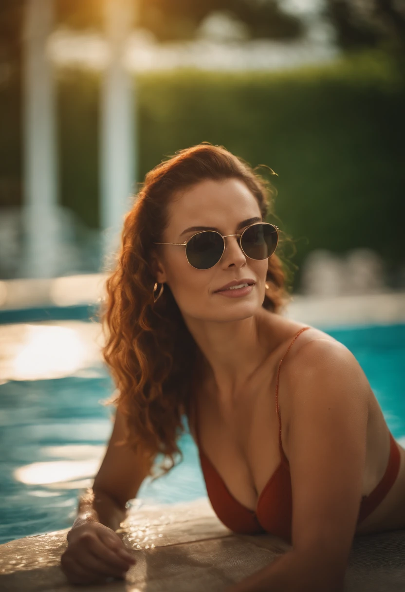 mulher ruiva muito gostosa com a bunda grande seios grandes e cintura fina deitada tomando sol na beira da piscina