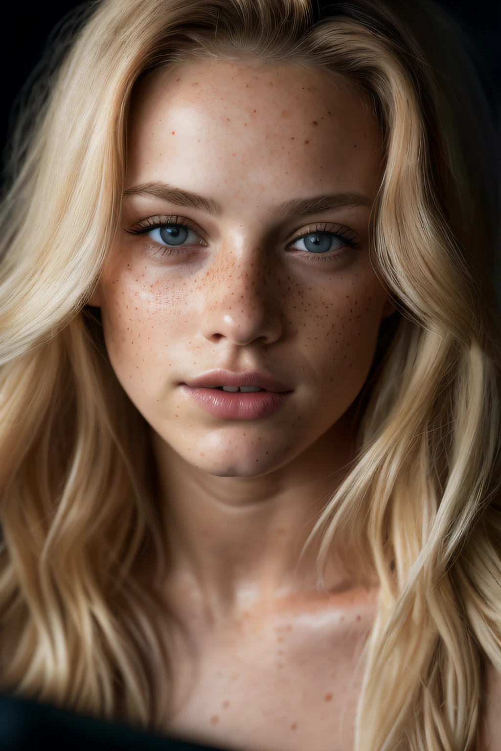 a photo portrait of a beautiful girl with curls and lots of freckles, (dirty blonde hair:1.10), (face portrait:1.5), dramatic light, Rembrandt lighting scheme,in sea