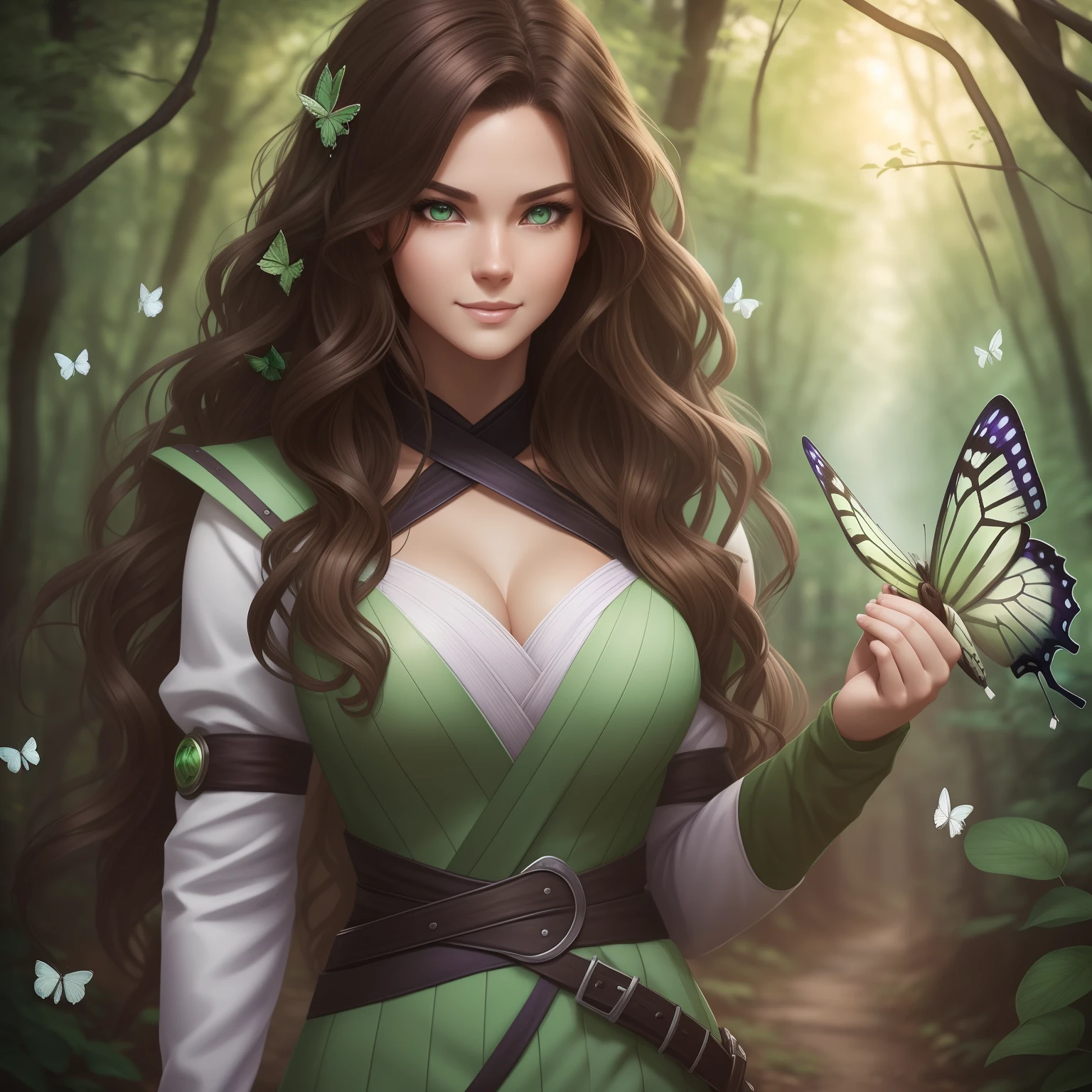 Realistic ninja woman posing for a photo, smiling at camera,(wavy brown hair), ((light green eyes)), hair with many details, medium breasts, 8k artgerm bokeh, fanart best artstation, render photorealistic girl, guweiz-style art, inspired by WLOP, ig model | artgerm, detailed portrait, stunning portrait of realistic face, beautiful portrait, deviantart artstation cgscosiety, ((standing in the woods, small white butterflies around)), ((purple outfit))