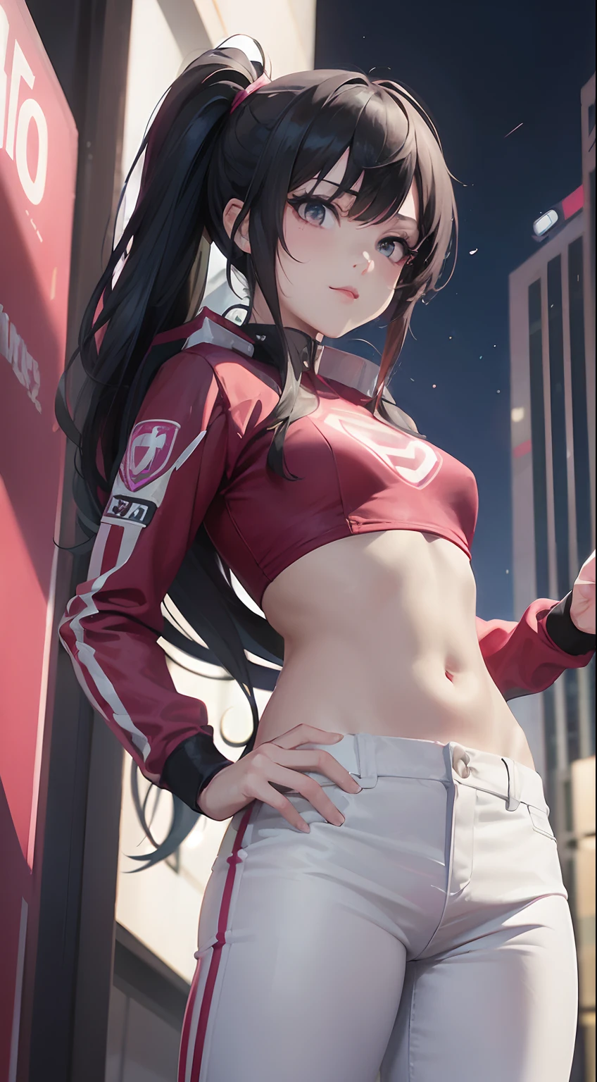 solamente, 1girl, (Obra maestra), ((20-year-old appearance)), cabello blanco, cabello mediano, ojos azules, Chica anime, Pink superhero uniform with white pants, capa, small breasts, Ciudad Cyberpunk, nigth, Superhero pose