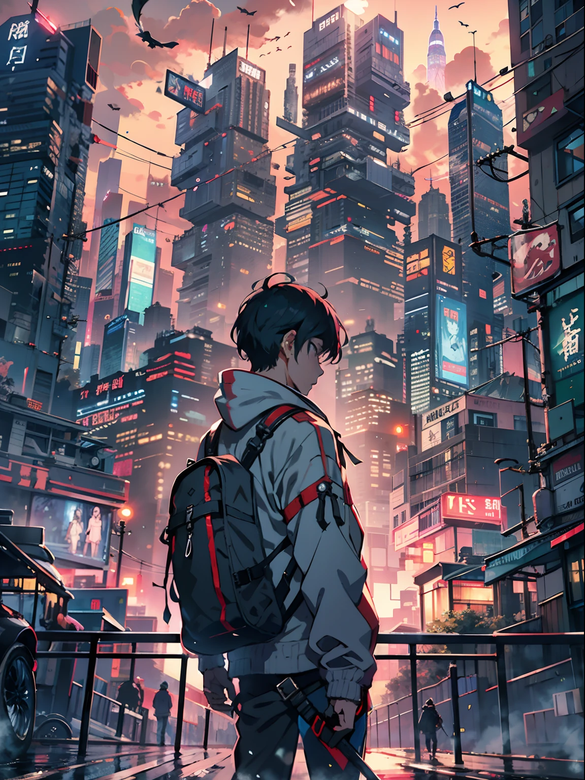 1boy,a 13 yo boy、Cyberpunk Boy、katanas,Whole body bloody、The beginning of the adventure、Lots of clouds,heavy fog、starrysky、Moon,Chaotic city of the future、Movie dystopia、A group of very tall skyscrapers stands in the center、Very complex cityscape,Crowded Chinese skyscrapers、street signs、streetlights、taxis、buses、Train、Pretty dim lighting、Dark road、puddles、Chaotic、Beautiful and fantastic scenery、Cinematic scenery、hightquality、masutepiece,in 8K、hight resolution、