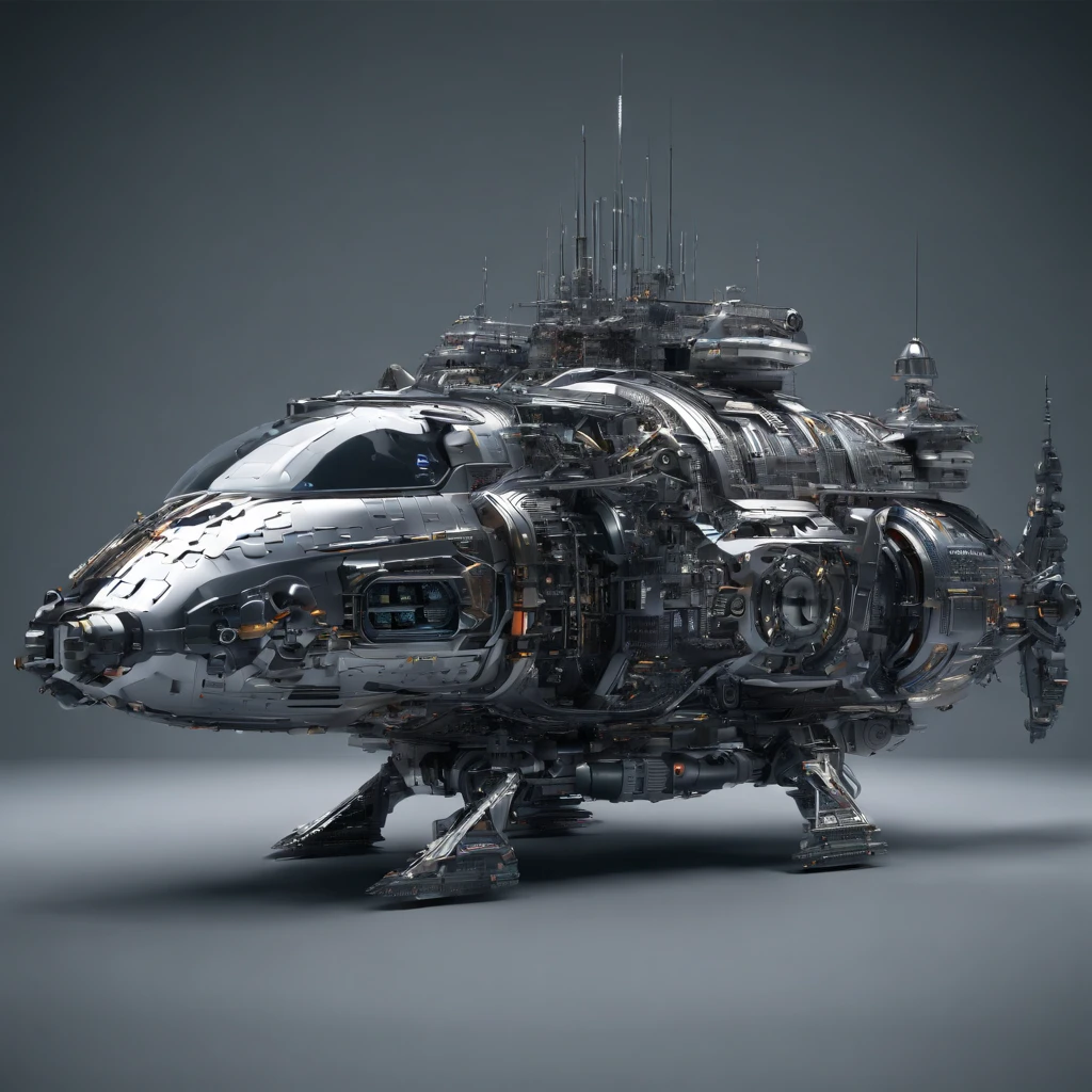 spacecraft with metal fish appearance, plastic, blindagem Liza. planos futurista fundo nave de guerra em forma futurista voando 4k