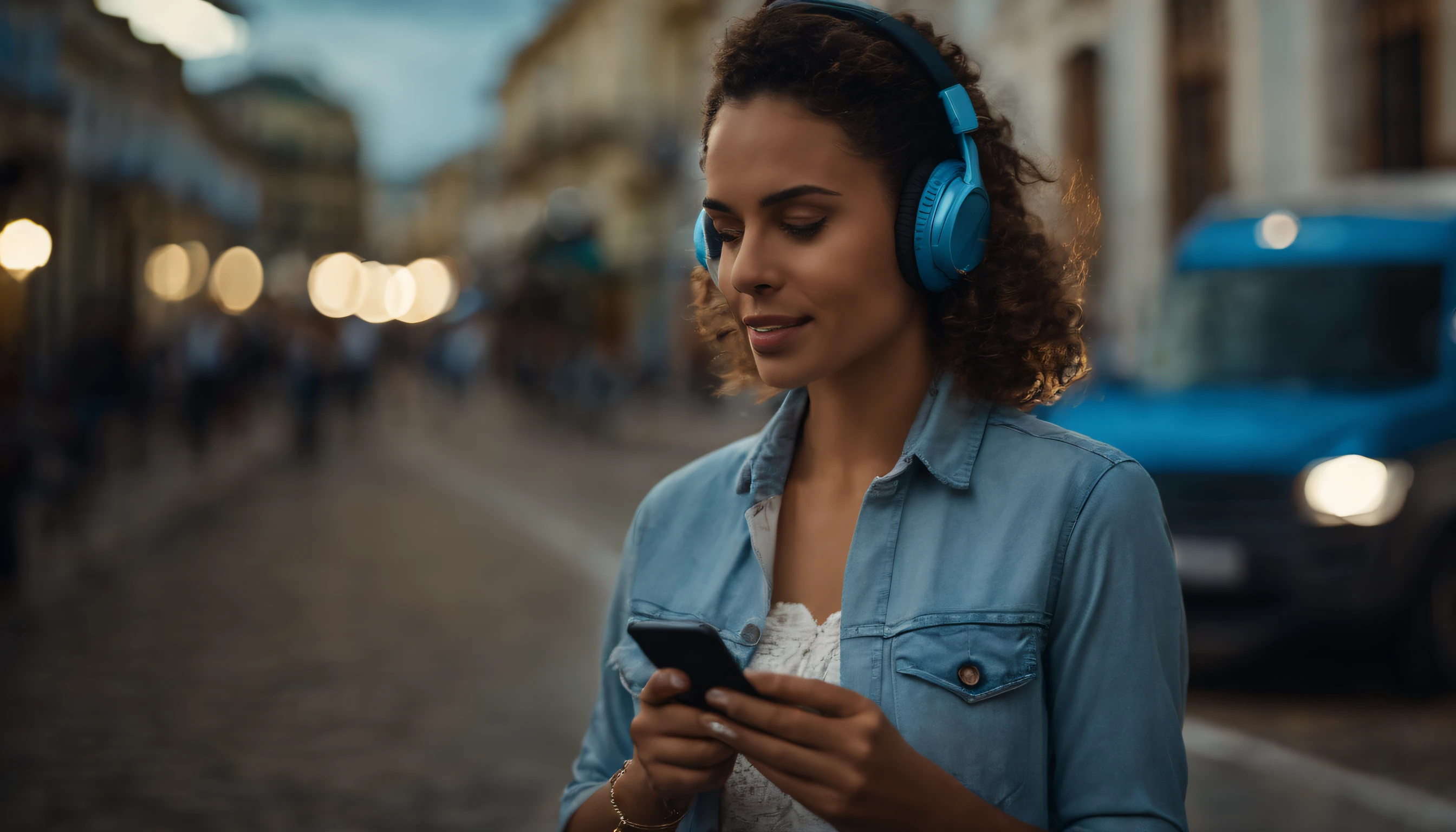 estudante , Brasileira,  com smartphone e headset, Andando pelas ruas de Fortaleza de jeans, camisa azul, British Tennis,