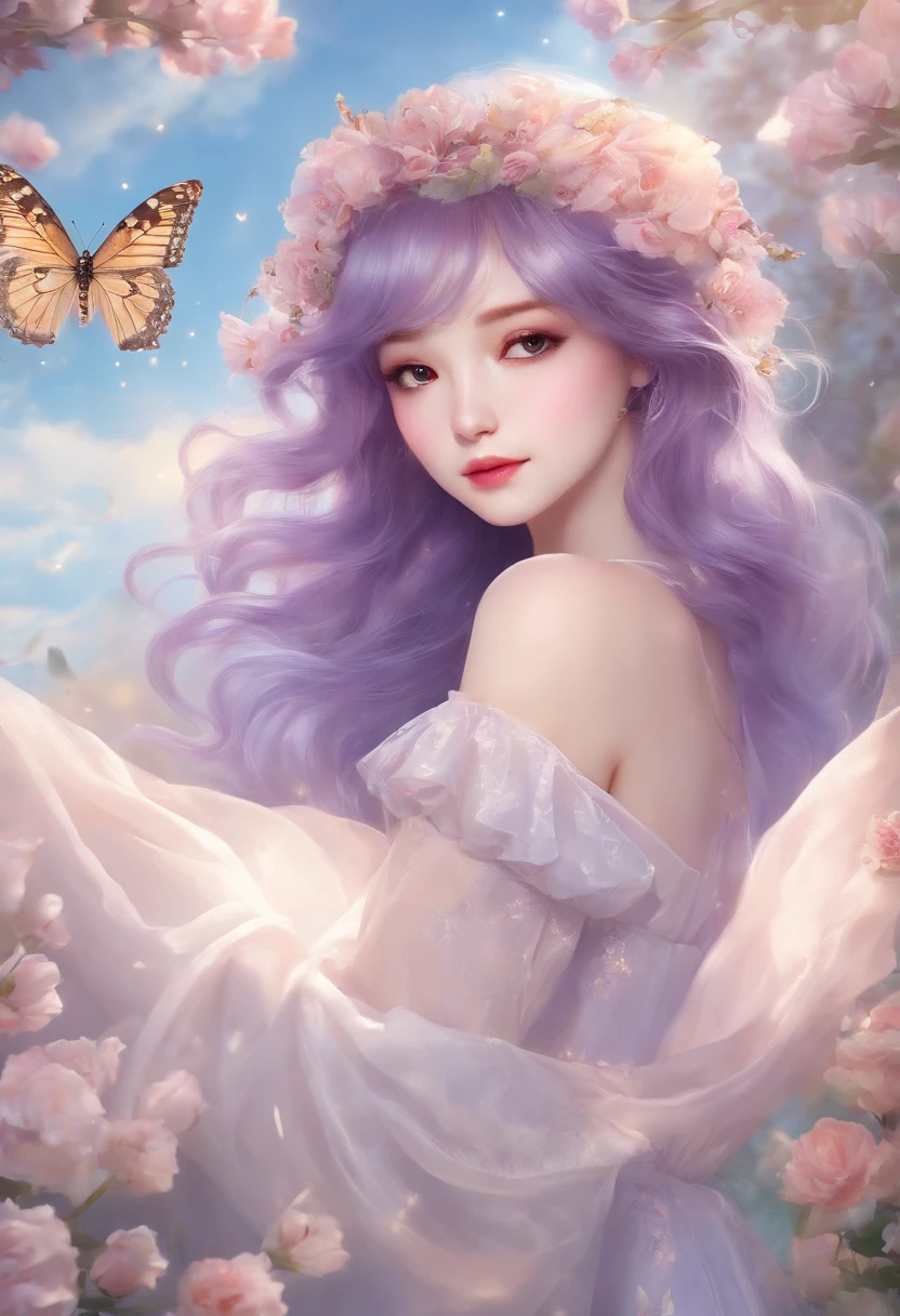 (extremely detailed, best quality), floating, an extremely delicate and beautiful dream-like scene,, , [(1girl),(long purple hair), detailed face, neck ribbon, elegant blue dress, standing on a cloud, (wide shot), (mysterious atmosphere):1.5],, , [(butterfly wings),(fluffy cat),(floral bouquet),(fairytale), (sunshine),(soft light),(pastel colors),(glitter):0.8]