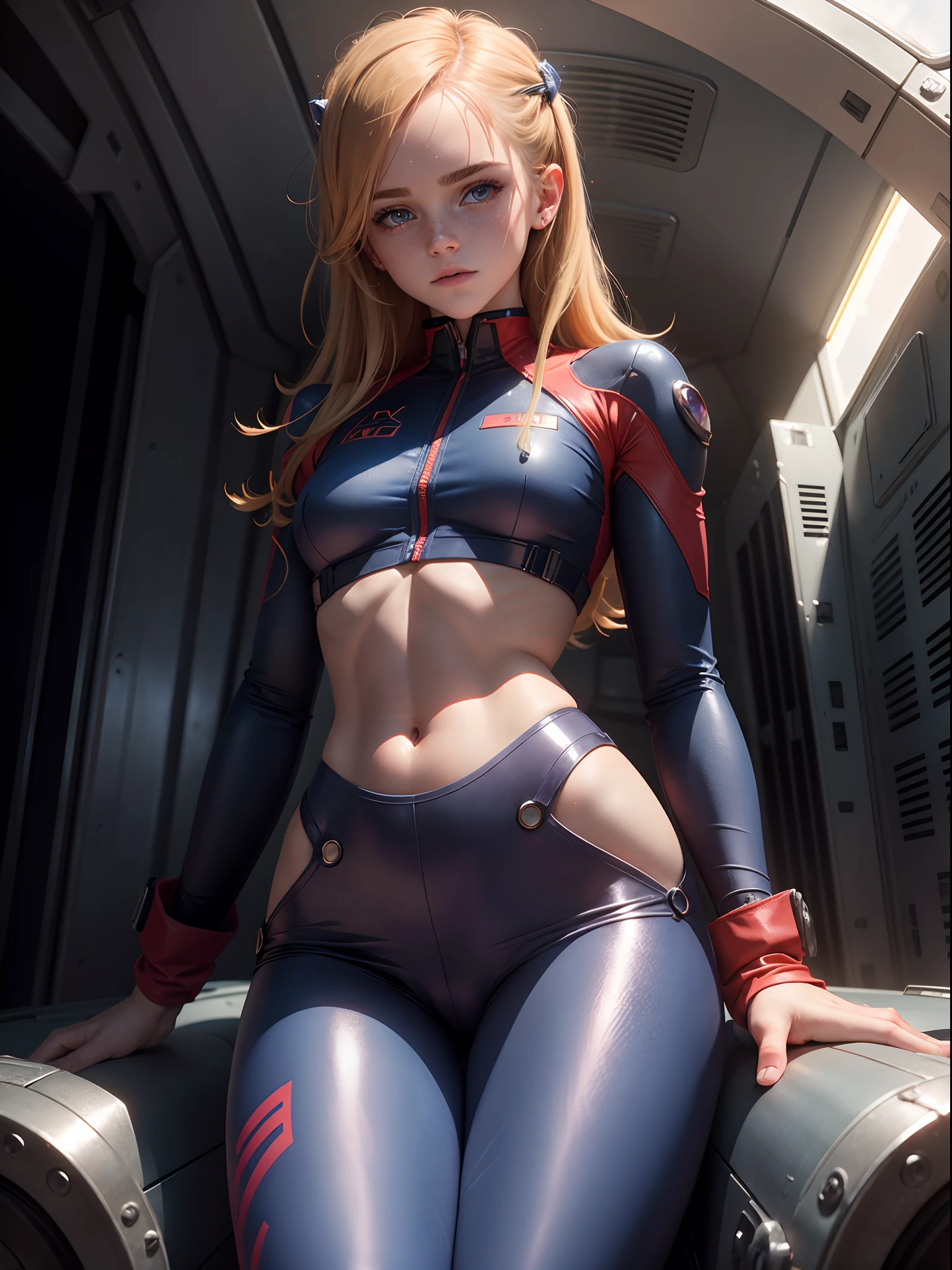 emma watson dressed in a plugsuit of evangelion blonde. freckles. sparkly blue eyes that speak of innocence and acceptance. Slender frame and beautiful figure. tight red pants. crop top. reading while lying outside a spaceship. ripped clothes exposing muscle. sci-fi.