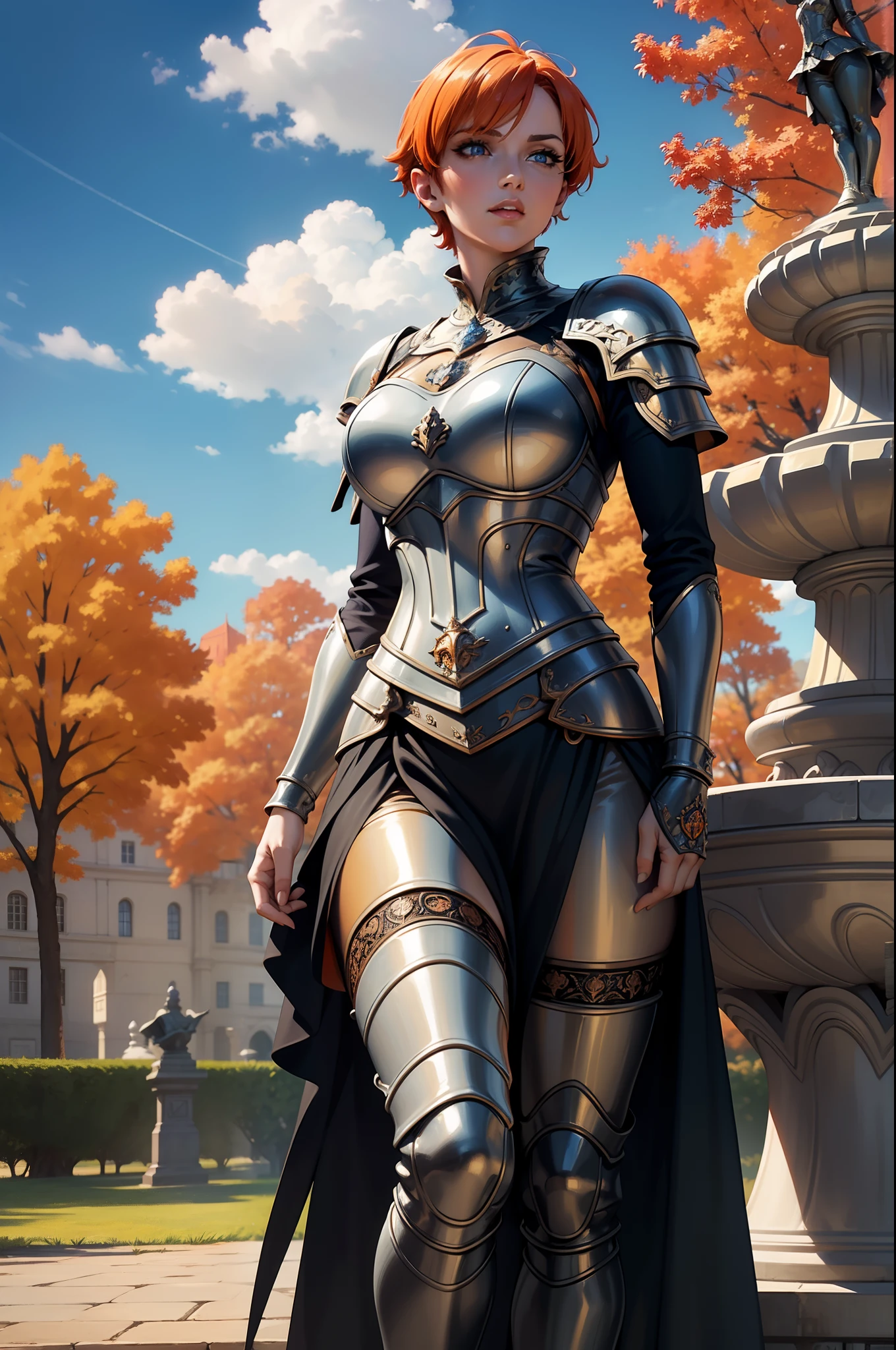A beautiful and wonderful woman extremely detailed orange short hair wearing extremely detailed gothic armor blue eyes in a fountain with statues in a medieval public square palace blue sky full of clouds and autumn trees fluttering cover 8k in an imposing position