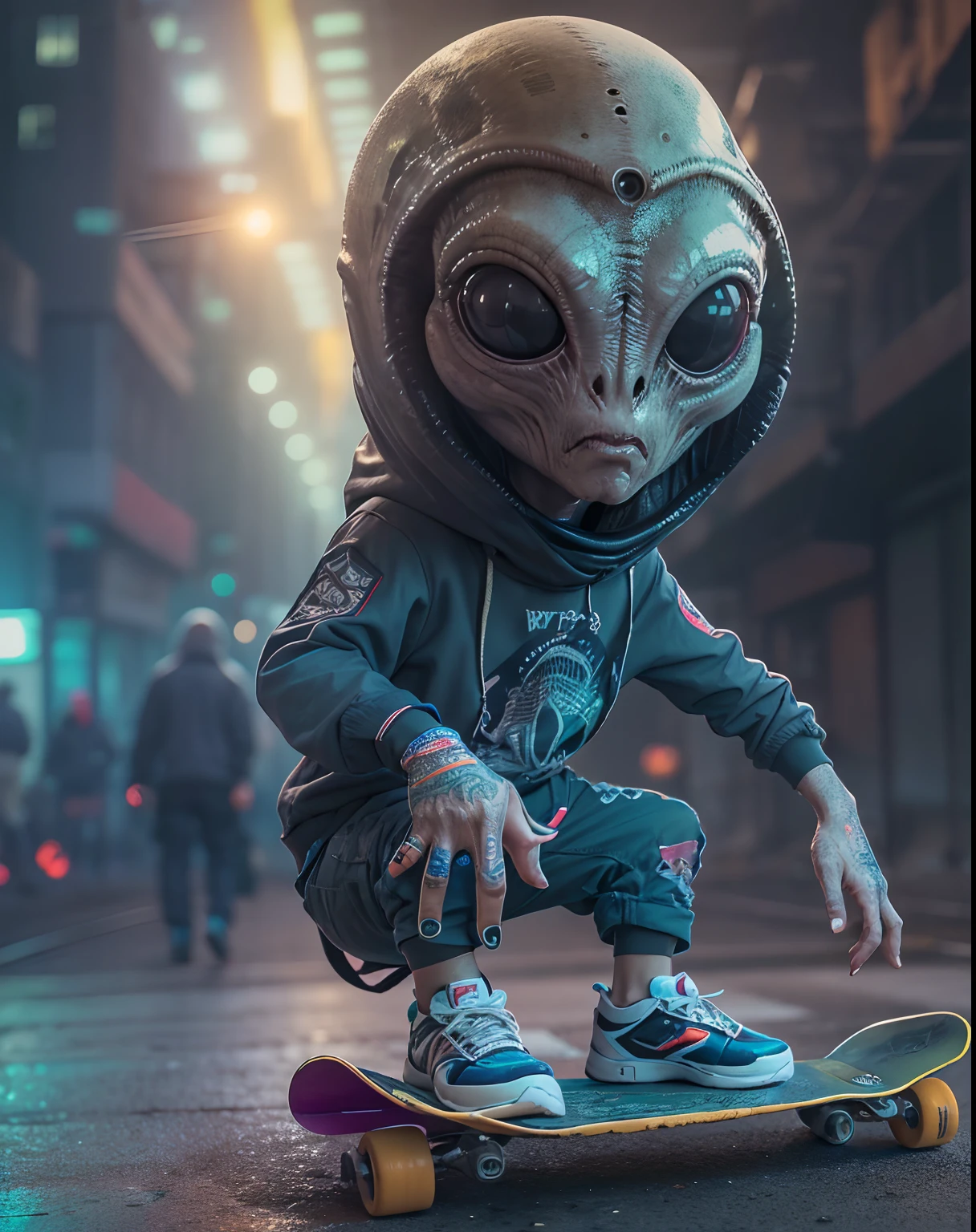 (an alien with a big head:1.1), wearing street wear, skateboarding, extraterrestrial, (best quality, 4k, highres, masterpiece:1.2), ultra-detailed, HDR, professional, vivid colors, sci-fi style, vibrant lighting