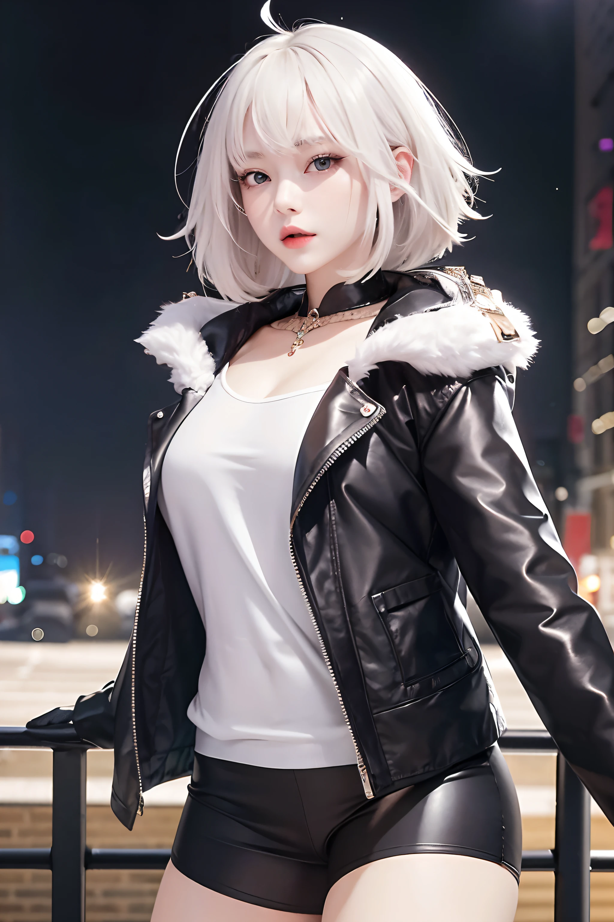 (masterpiece, best quality:1.2), cowboy shot, solo, 1girl, white hair, short wavy hair, purple eyes, (large breasts: 1.2), cleavage, slender body, looking at viewer, hands in pockets, formal, dark suit, topless, black pants, choker, earrings, cityscape scenery, street, night light, close shot:1.5, upper body