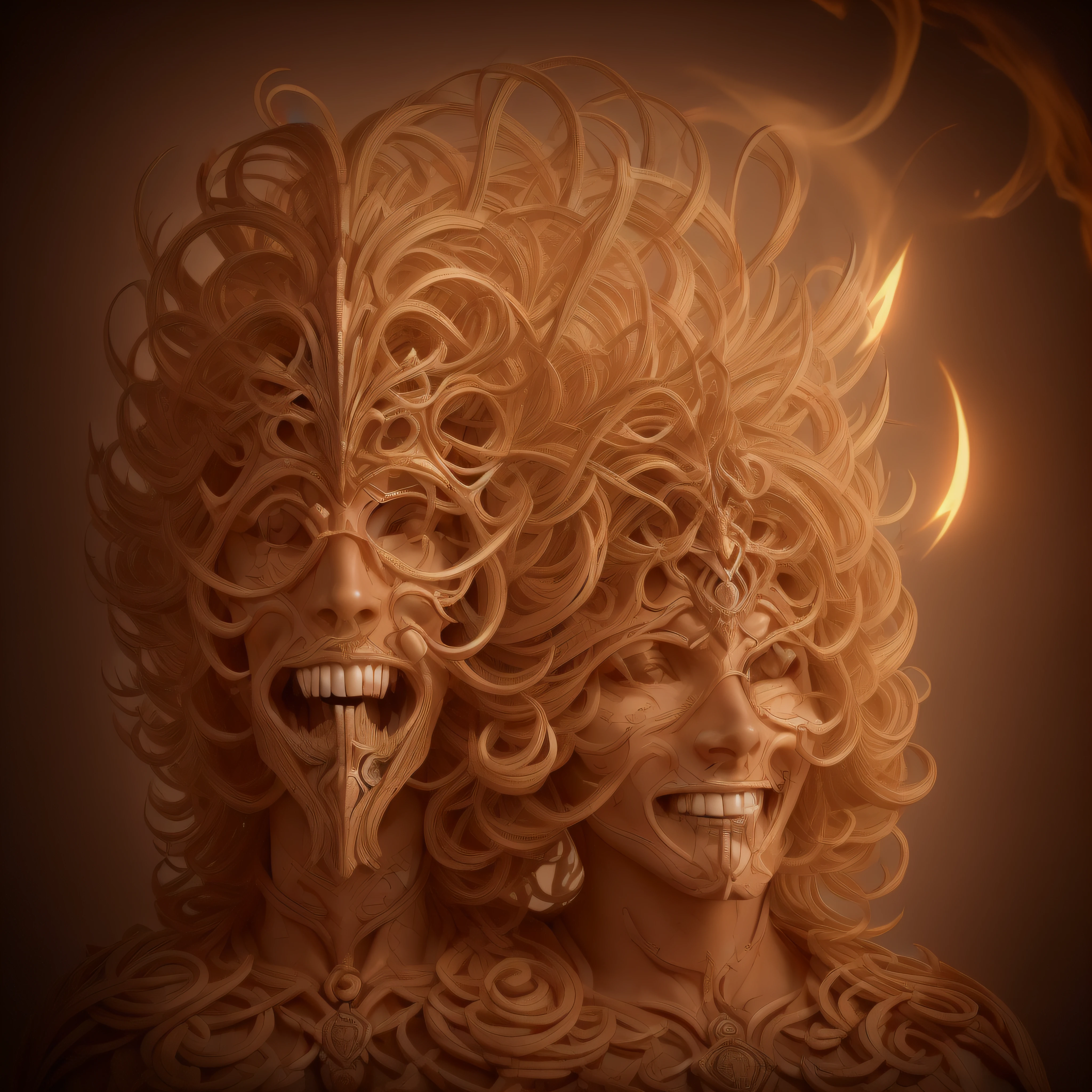 (extremadamente detallado, obra maestra, La mejor calidad, foto antigua, principios de siglo) demonio con muchos cuernos en la cabeza, sin ojos, sonriente, colmillos afilados, cuerpo rojo realista, humedo. Light Volumetric