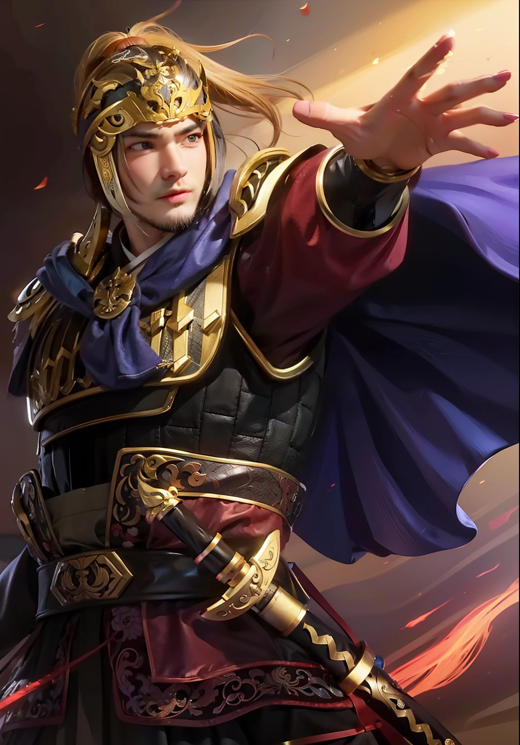 Lu Ryo of the Three Kingdoms True Battle、Young man with a sword、Hands raised、Ears hidden by helmets、glares、lips are flesh-colored、darkskinned