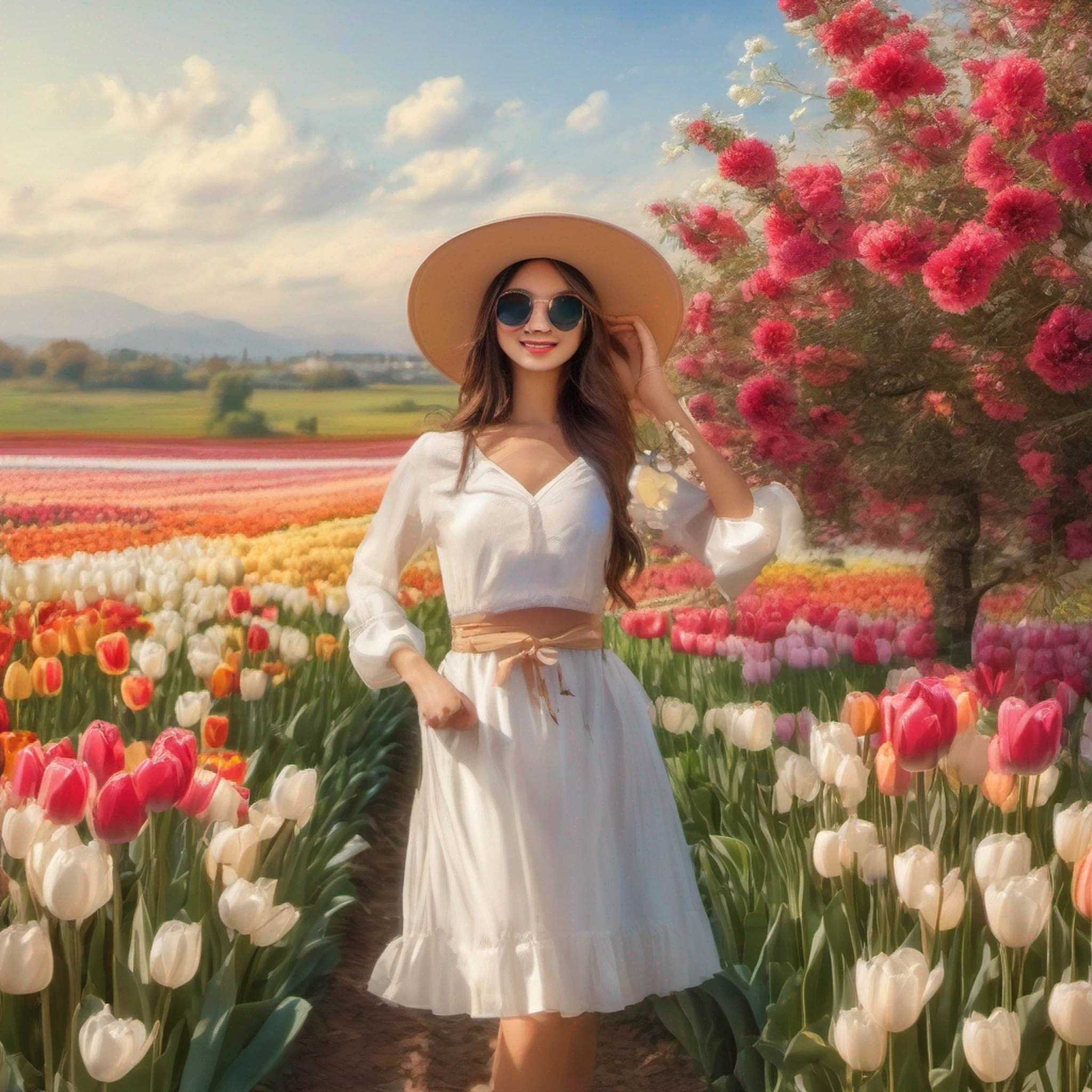 cute very pale chinese 28 year old woman standing in sea of tulips wearing a white skimpy halter dress revealing back, wearing heeled sandals, subtle smile, tall and slim, long wavy hair, wearing sunglasses, wearing a wide beige sun hat, standing in flower field, holding tulips and smelling them, dreamy expression, flower sea, only one person