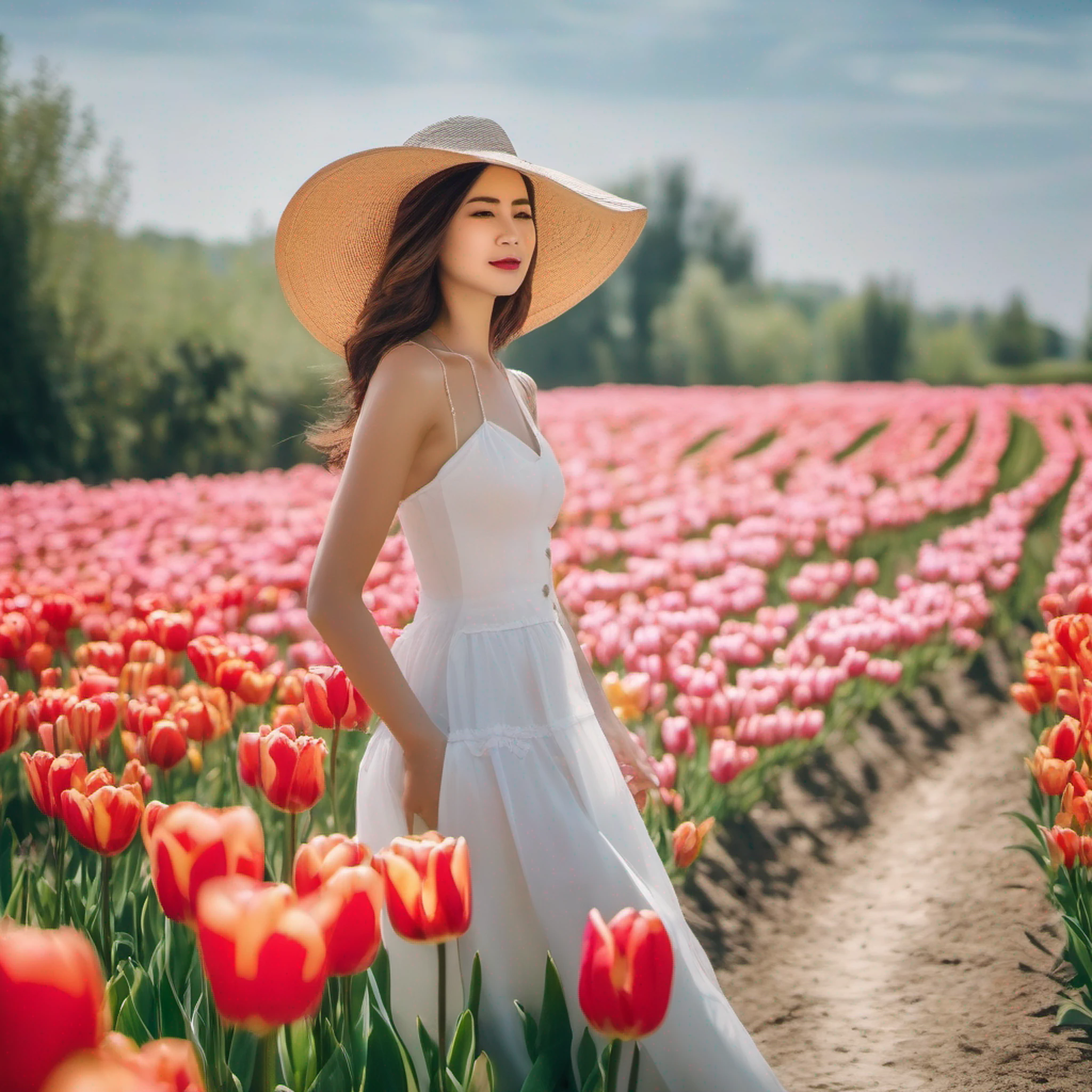 There is a beautiful Chinese woman standing in a field of tulips with a sun hat and wearing a white halter dress, longos cabelos castanhos ondulados, wearing sunglasses, alto e magro, Beautiful, sorriso sutil, Standing in the field of tulips, standing in a flower field, Woman standing in tulip field, girl standing in a flower field, standing in a field with flowers, menina em um campo de flores, com campos de flores em primeiro plano, em um campo de flores, campos de flores, girl standing in flower field@VladyPolansky