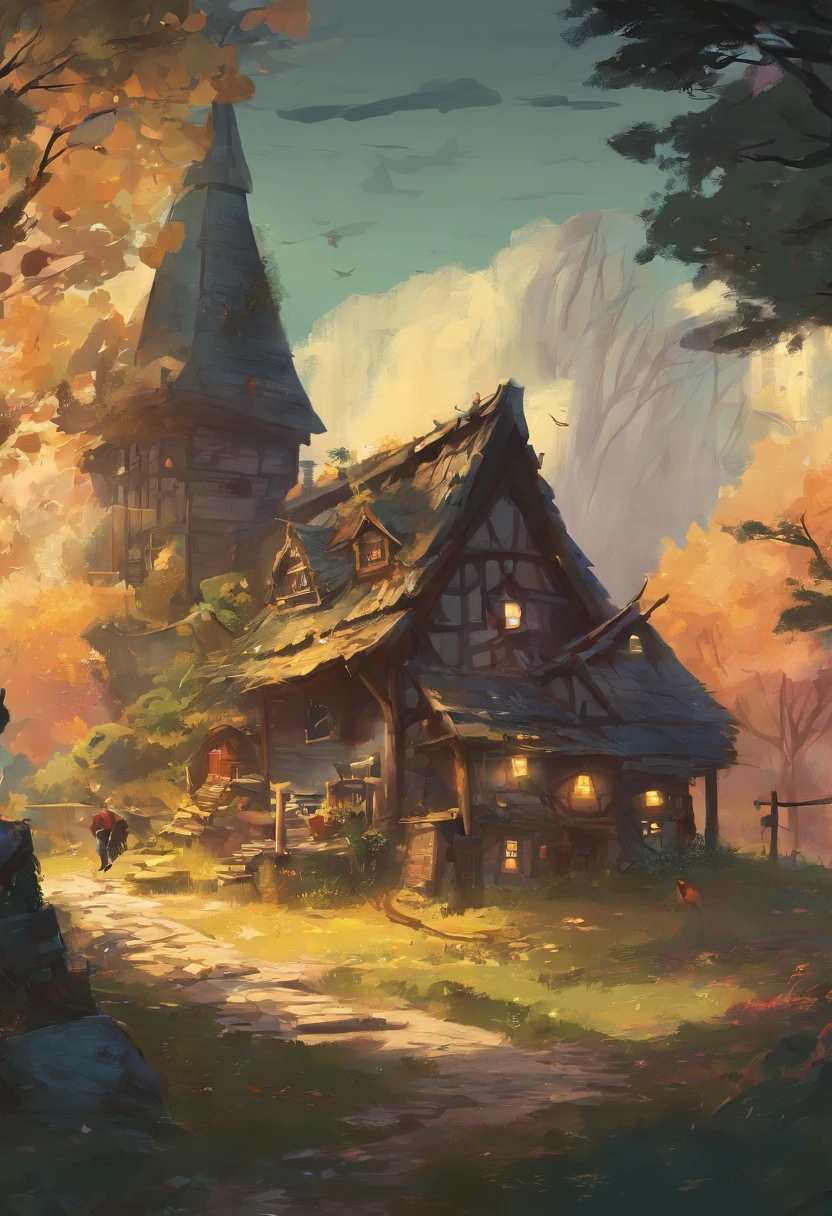 Generate an image that captures the essence of a quiet village surrounded by woods, Florestas iluminadas, evoking a sense of joy
