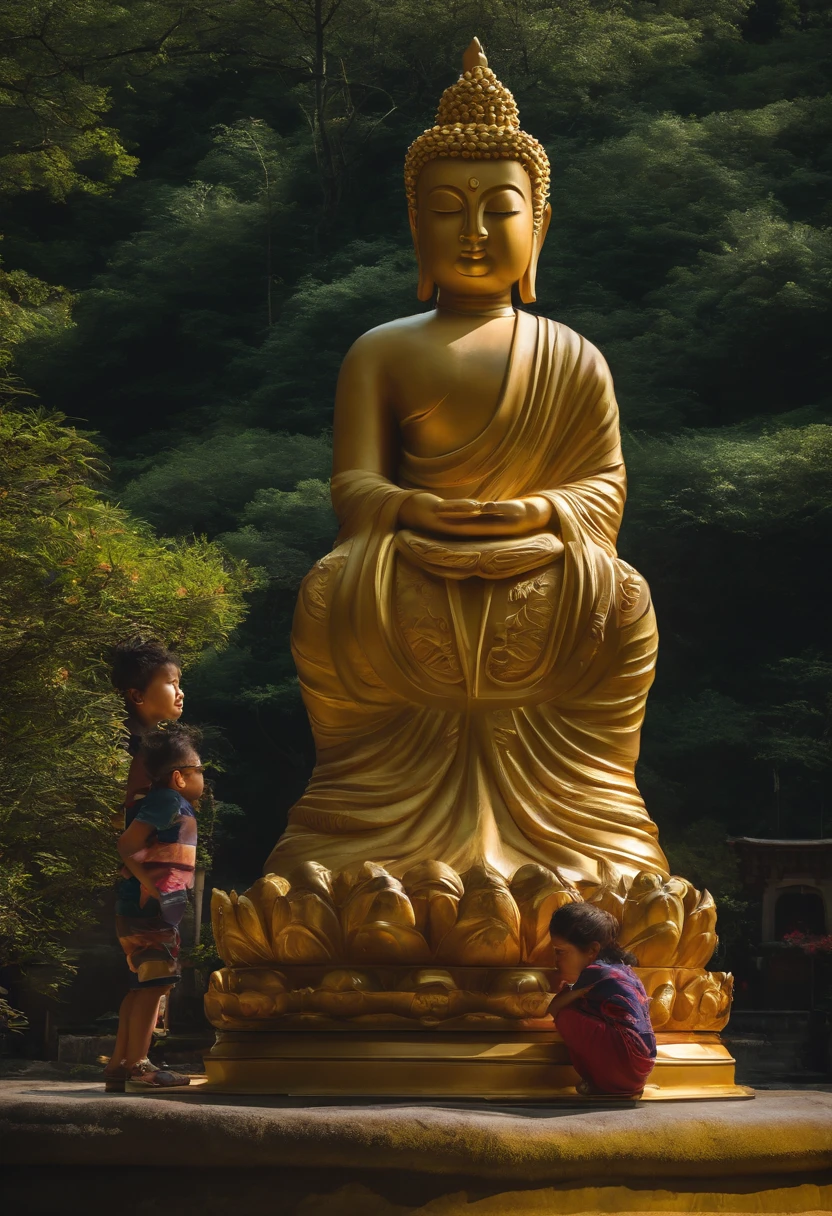 Dois meninos levando uma estatua do buda gordo japones.