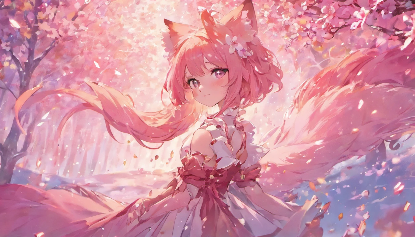 Nine snow-white fox tails (1.0), milky fox tail (1.0), fox close-up of nine tails, nine-tails, nine-tails, anime girl with pink hair and pink dress with flowers on her hair, very beautiful anime fox girl, beautiful anime fox girl, beautiful fantasy anime, guweiz, anime girl with fox ears, beautiful anime girl, very beautiful and cute fox girl, pink flower rain, background blur, anime style 4 K, anime fantasy artwork, 4k anime wallpaper, Artwork in the Guvez style