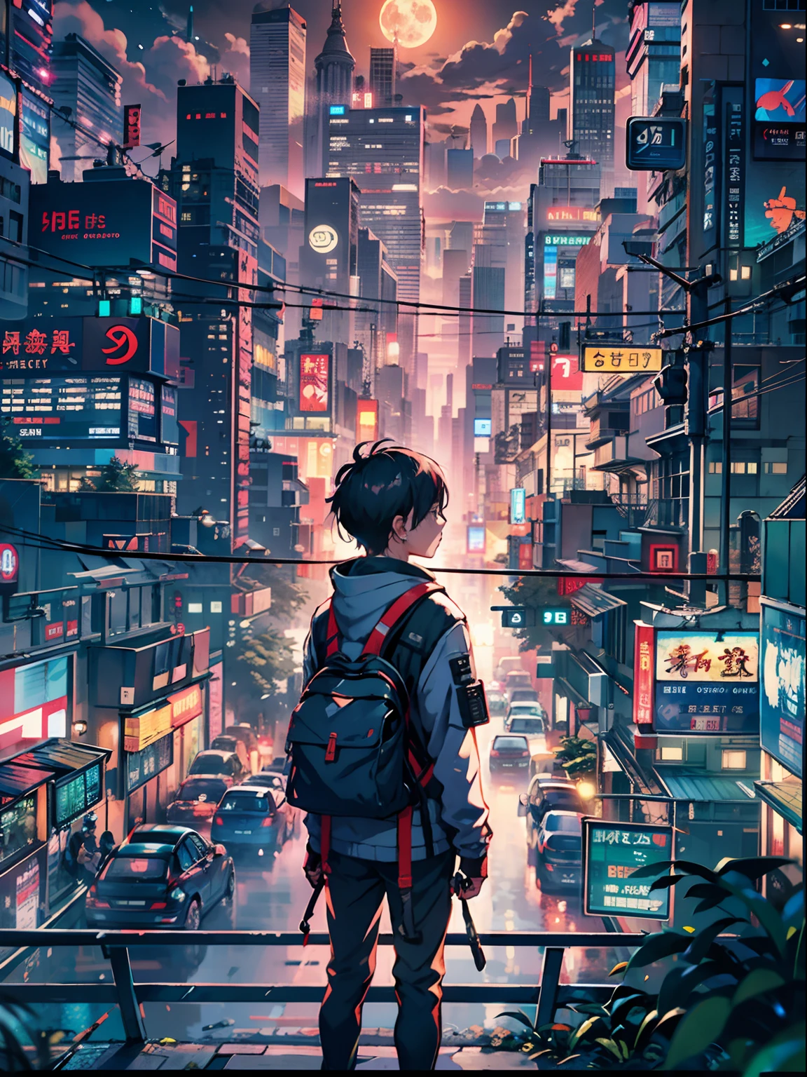1boy,、Cyberpunk Boy、katanas,Whole body bloody、The beginning of the adventure、Lots of clouds,heavy fog、starrysky、Moon,Chaotic city of the future、Movie dystopia、A group of very tall skyscrapers stands in the center、Very complex cityscape,Crowded Chinese skyscrapers、street signs、streetlights、taxis、buses、Train、Pretty dim lighting、Dark road、puddles、Chaotic、Beautiful and fantastic scenery、Cinematic scenery、hightquality、masutepiece,in 8K、hight resolution、