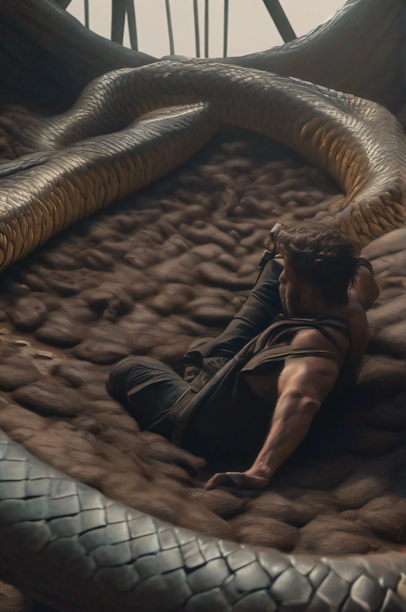 No entanto, It was more of a suicide mission, since he was captured by King Aella and thrown into a pit of snakes to die in agony, cinematic, 8k, realistic.