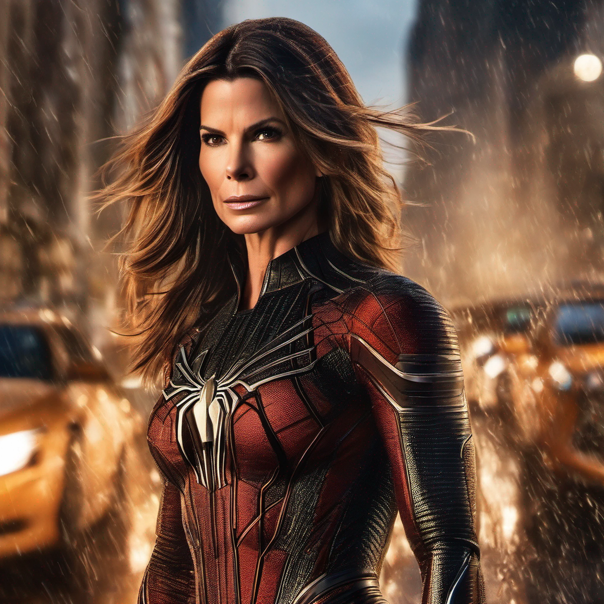 Sandra Bullock em traje marrom detalhado do Homem-Aranha, seios grandes, super hero pose, Standing in the city raining at sunset, hiperdetalhado, smoke billowing, Sparks, raios solares, (8k), realista, symmetr, Concedido, cinematographic lightning, Encharcado, filmes, 75 millimeters, Scratches, foto de corpo inteiro, Close-up, roupas rasgadas e sujas, rosto detalhado