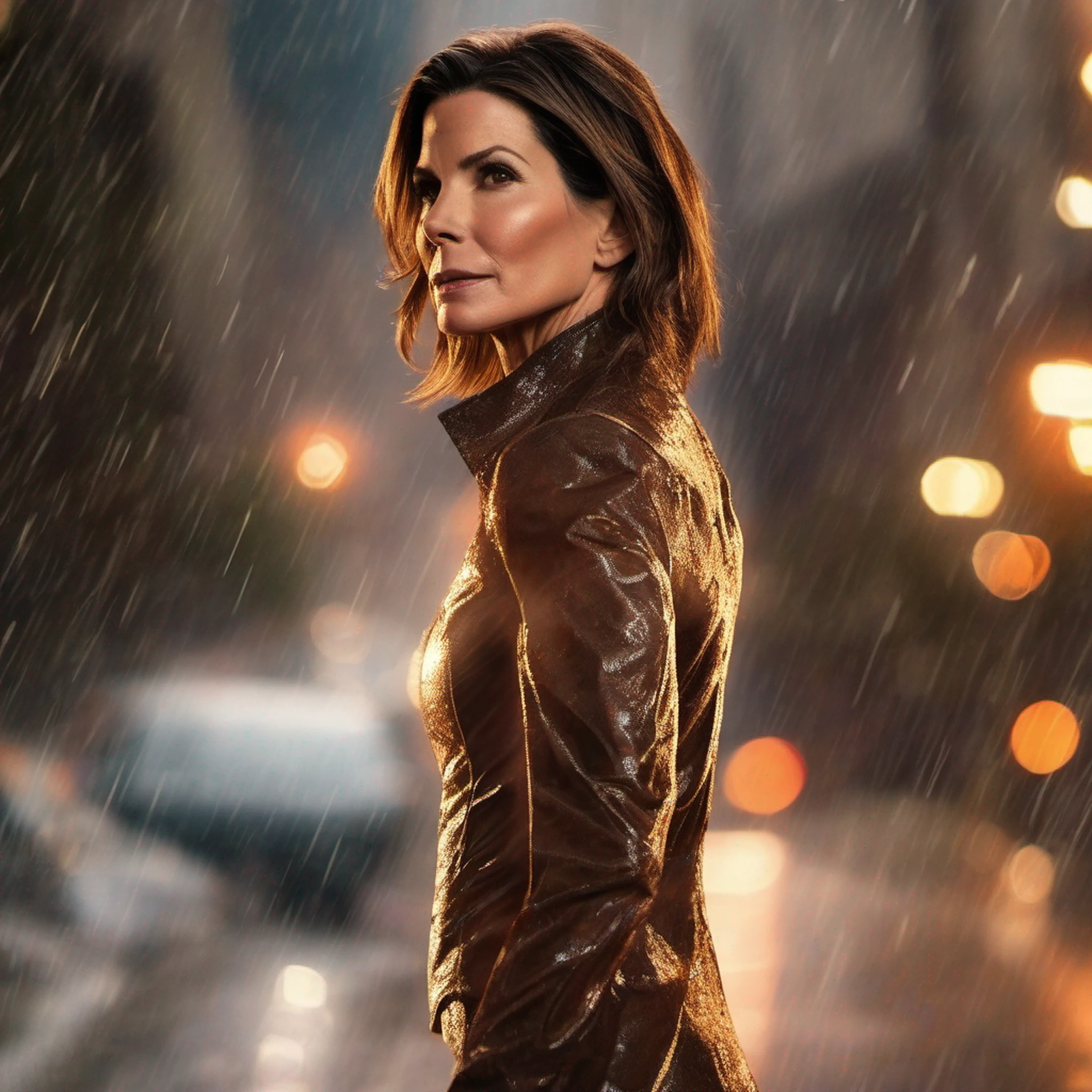 Sandra Bullock em traje marrom detalhado do Homem-Aranha, seios grandes, super hero pose, Standing in the city raining at sunset, hiperdetalhado, smoke billowing, Sparks, raios solares, (8k), realista, symmetr, Concedido, cinematographic lightning, Encharcado, filmes, 75 millimeters, Scratches, foto de corpo inteiro, Close-up, roupas rasgadas e sujas, rosto detalhado
