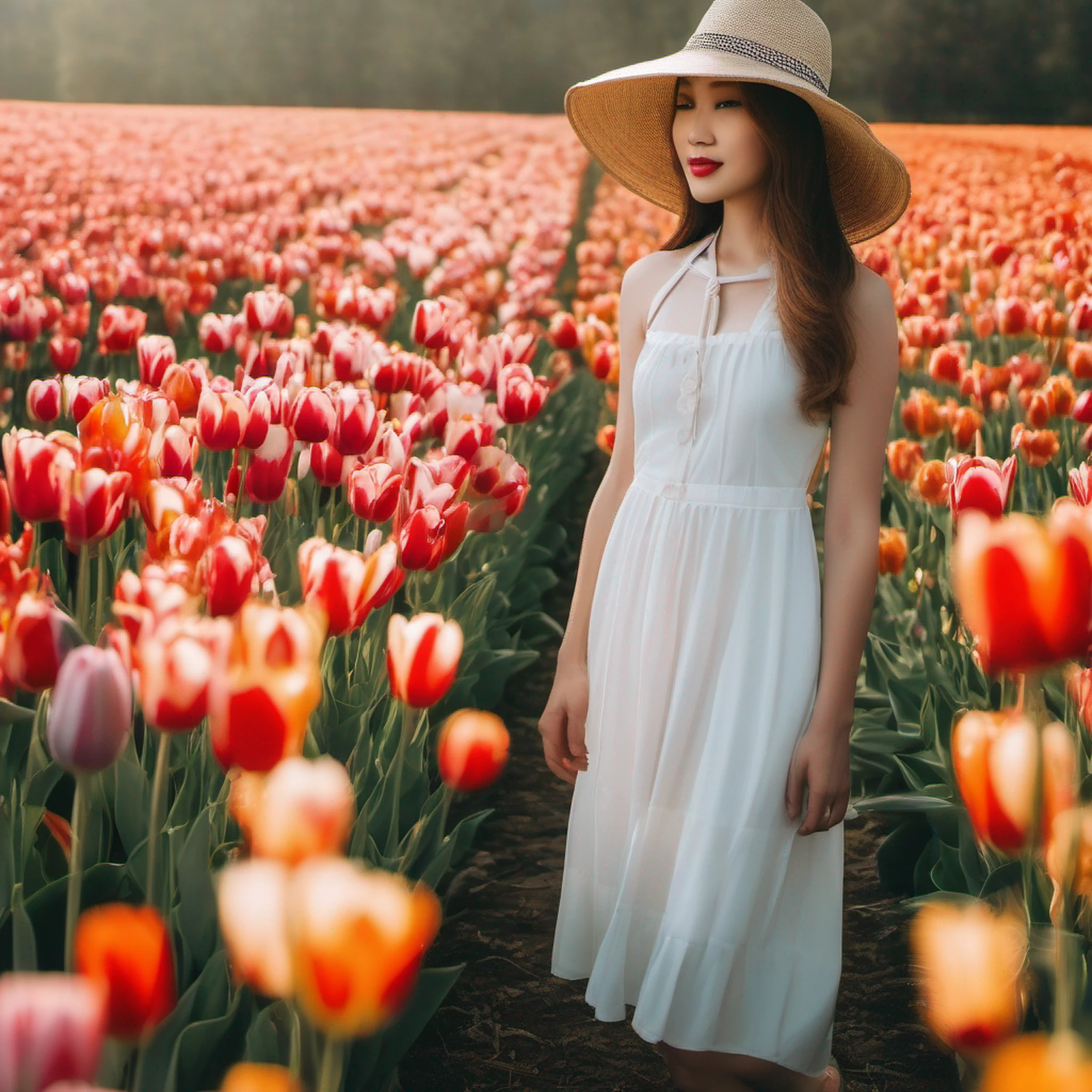 There is a beautiful Chinese woman standing in a field of tulips with a sun hat and wearing a white halter dress, longos cabelos castanhos ondulados, wearing sunglasses, alto e magro, Beautiful, sorriso sutil, Standing in the field of tulips, standing in a flower field, Woman standing in tulip field, girl standing in a flower field, standing in a field with flowers, menina em um campo de flores, com campos de flores em primeiro plano, em um campo de flores, campos de flores, girl standing in flower field@VladyPolansky