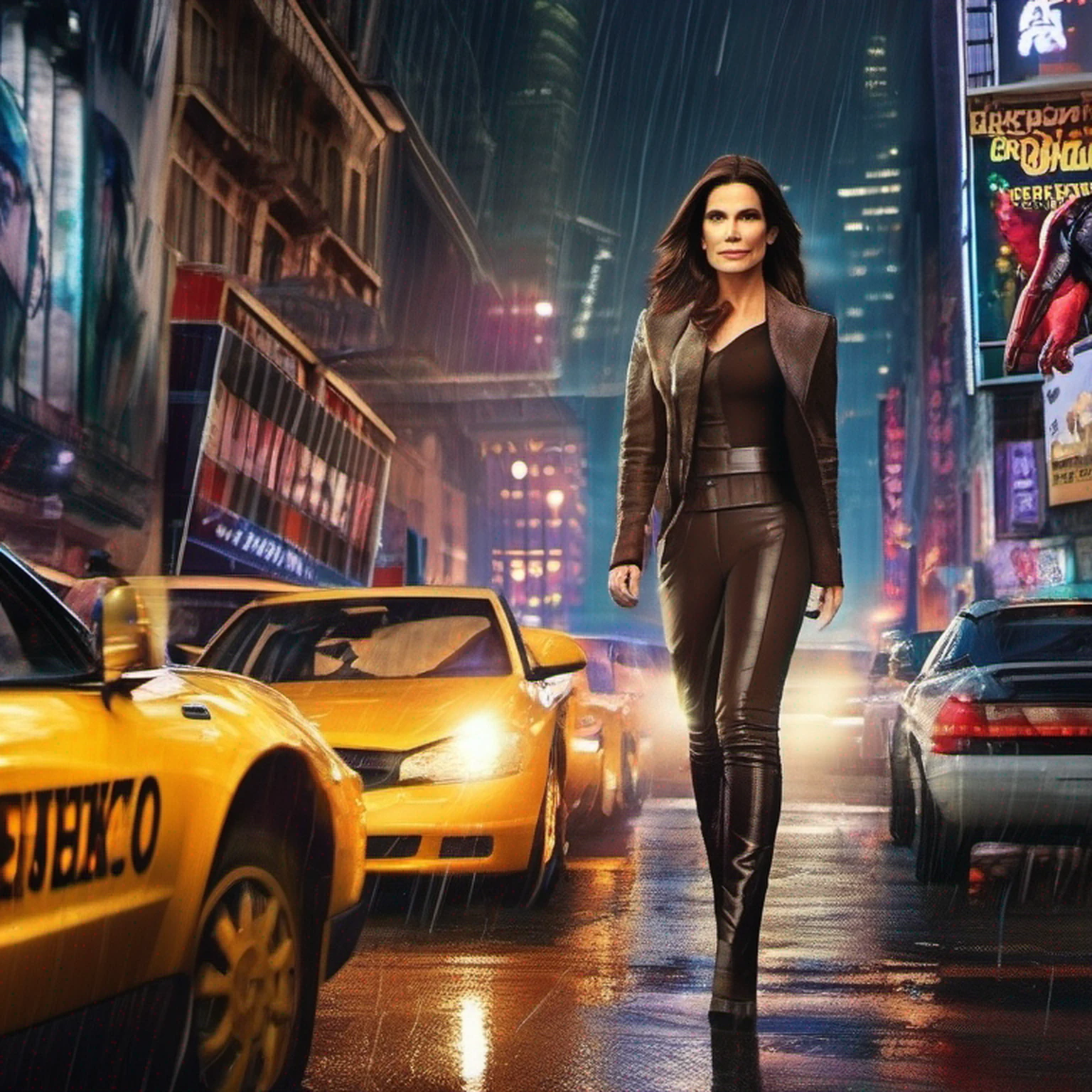 Sandra Bullock em traje marrom detalhado do Homem-Aranha, seios grandes, super hero pose, Standing in the city raining at sunset, hiperdetalhado, smoke billowing, Sparks, raios solares, (8k), realista, symmetr, Concedido, cinematographic lightning, Encharcado, filmes, 75 millimeters, Scratches, foto de corpo inteiro, Close-up, roupas rasgadas e sujas, rosto detalhado