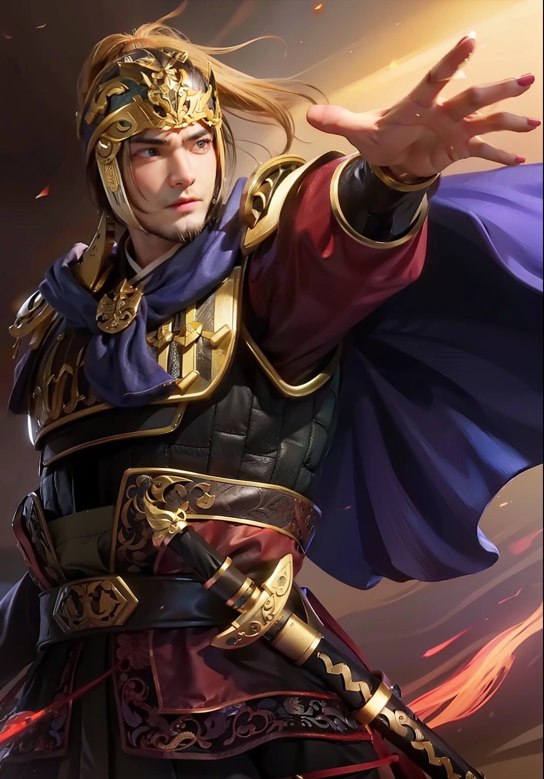 Lu Ryo of the Three Kingdoms True Battle、Young man with a sword、Hands raised、Ears hidden by helmets、glares、lips are flesh-colored、darkskinned
