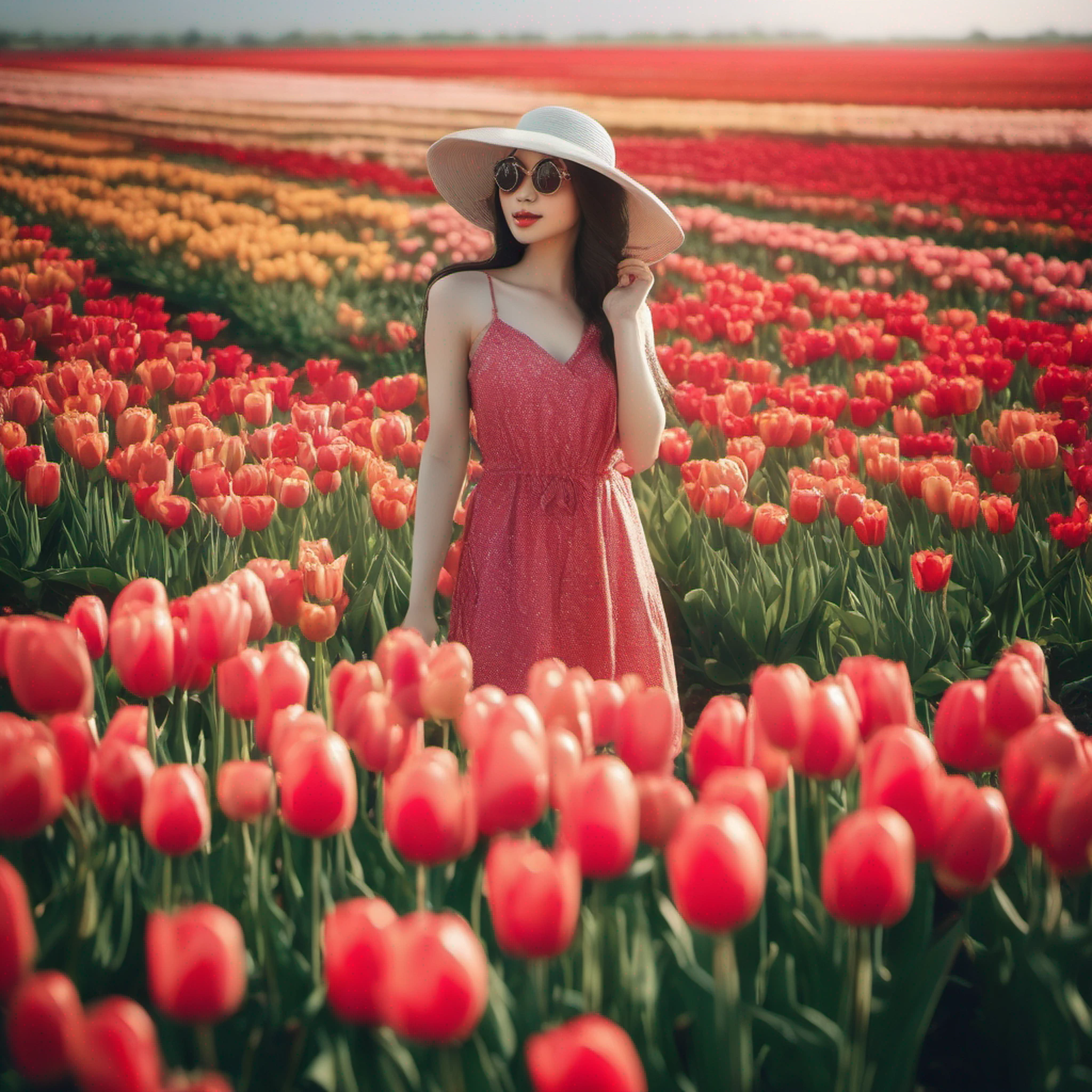 There is a beautiful Chinese woman standing in a field of tulips with a sun hat and wearing a white halter dress, longos cabelos castanhos ondulados, wearing sunglasses, alto e magro, Beautiful, sorriso sutil, Standing in the field of tulips, standing in a flower field, Woman standing in tulip field, girl standing in a flower field, standing in a field with flowers, menina em um campo de flores, com campos de flores em primeiro plano, em um campo de flores, campos de flores, girl standing in flower field@VladyPolansky