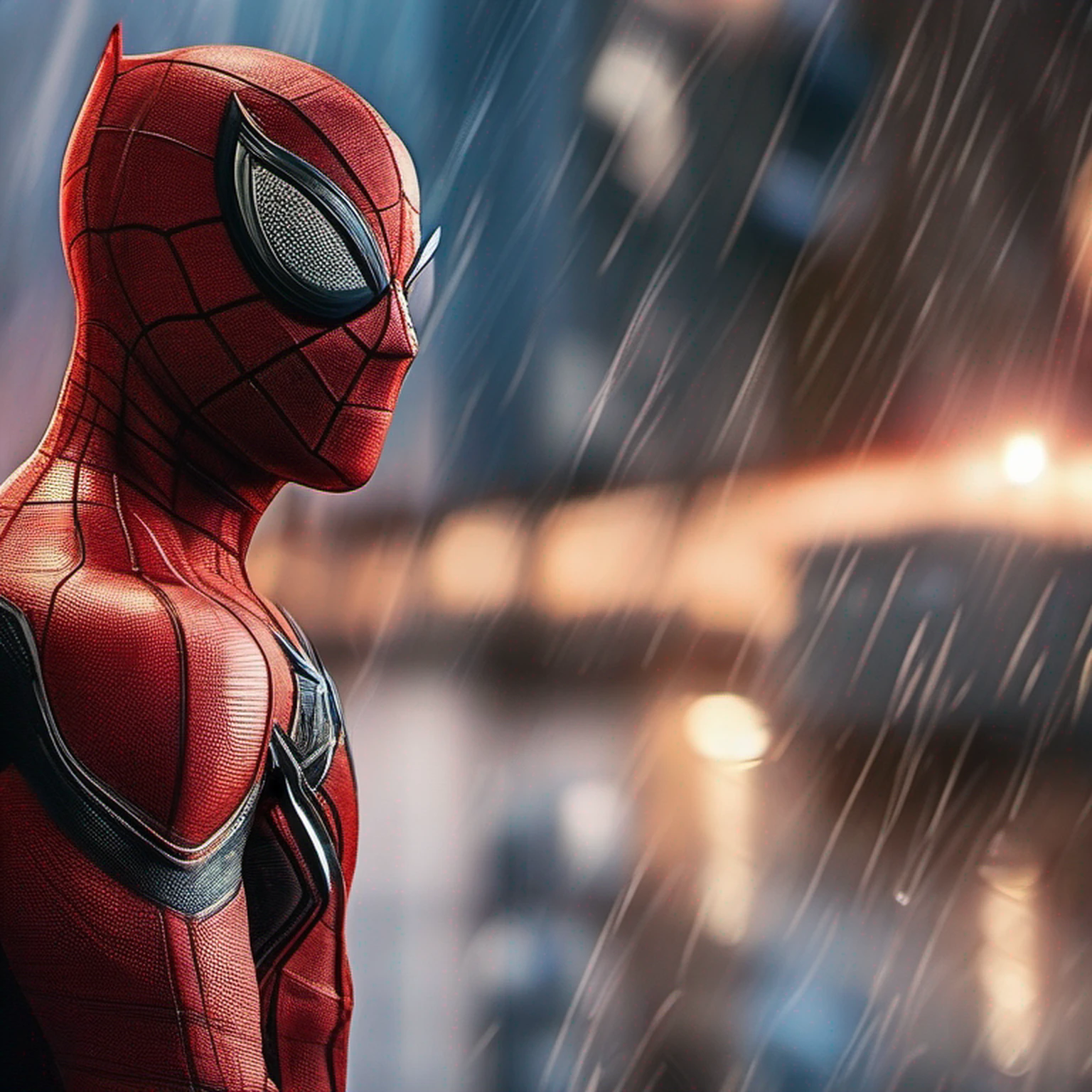 Sandra Bullock 25 anos, em traje marrom detalhado do Homem-Aranha, seios grandes, super hero pose, Standing in the city raining at sunset, hiperdetalhado, smoke billowing, Sparks, raios solares, (8k), realista, symmetr, Concedido, cinematographic lightning, Encharcado, filmes, 75 millimeters, Scratches, foto de corpo inteiro, Close-up, roupas rasgadas e sujas, rosto detalhado