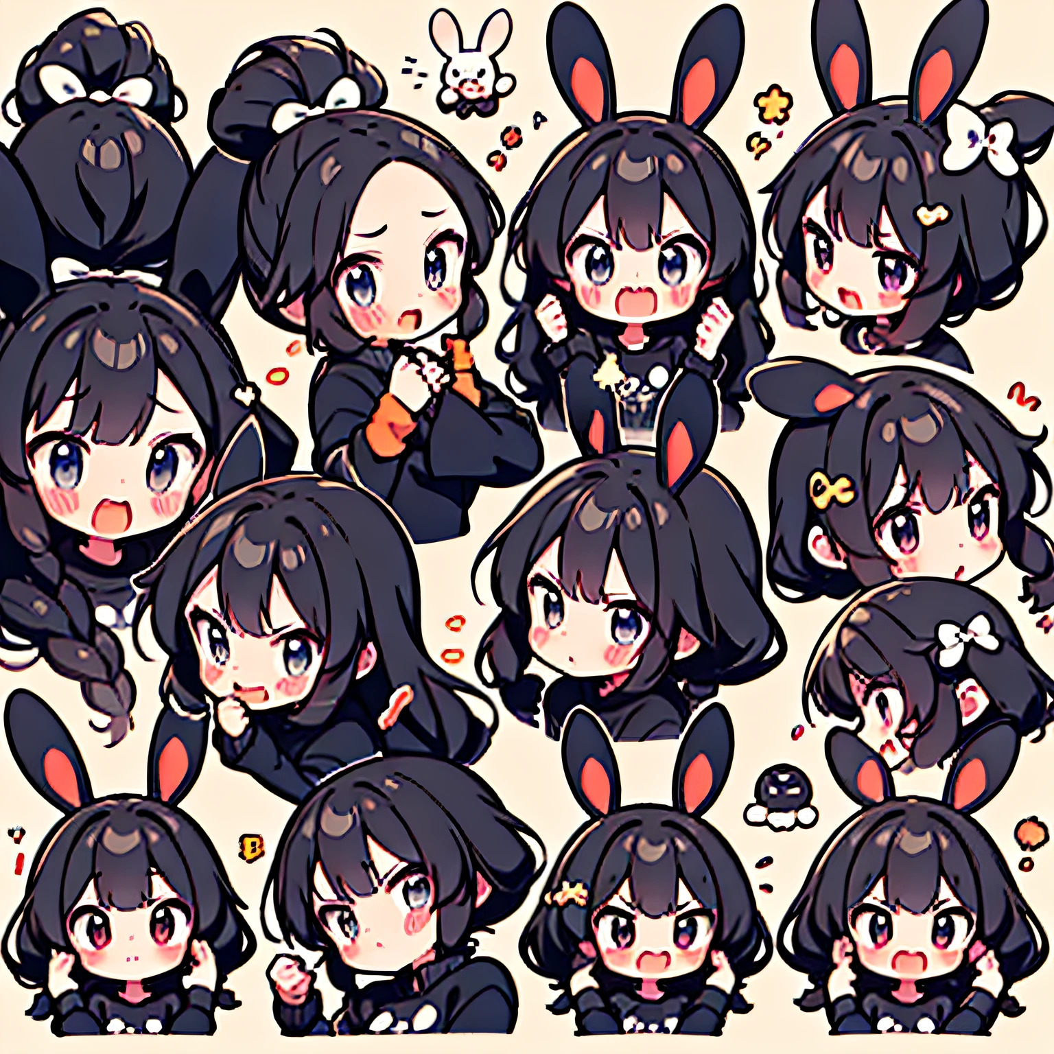 cute chibi girl, Black long hair, bunny ear, emoji pack, (9 emojis，emoji sheet，Align arrangement)，9 poses and expressions（Grieving，astonishment，having fun，excitement，big laughter，Angry，doubt，Touch your head，shy, wait），Anthropomorphic style，Disney style，Black strokes，Different emotions，9 poses and expressions，8K