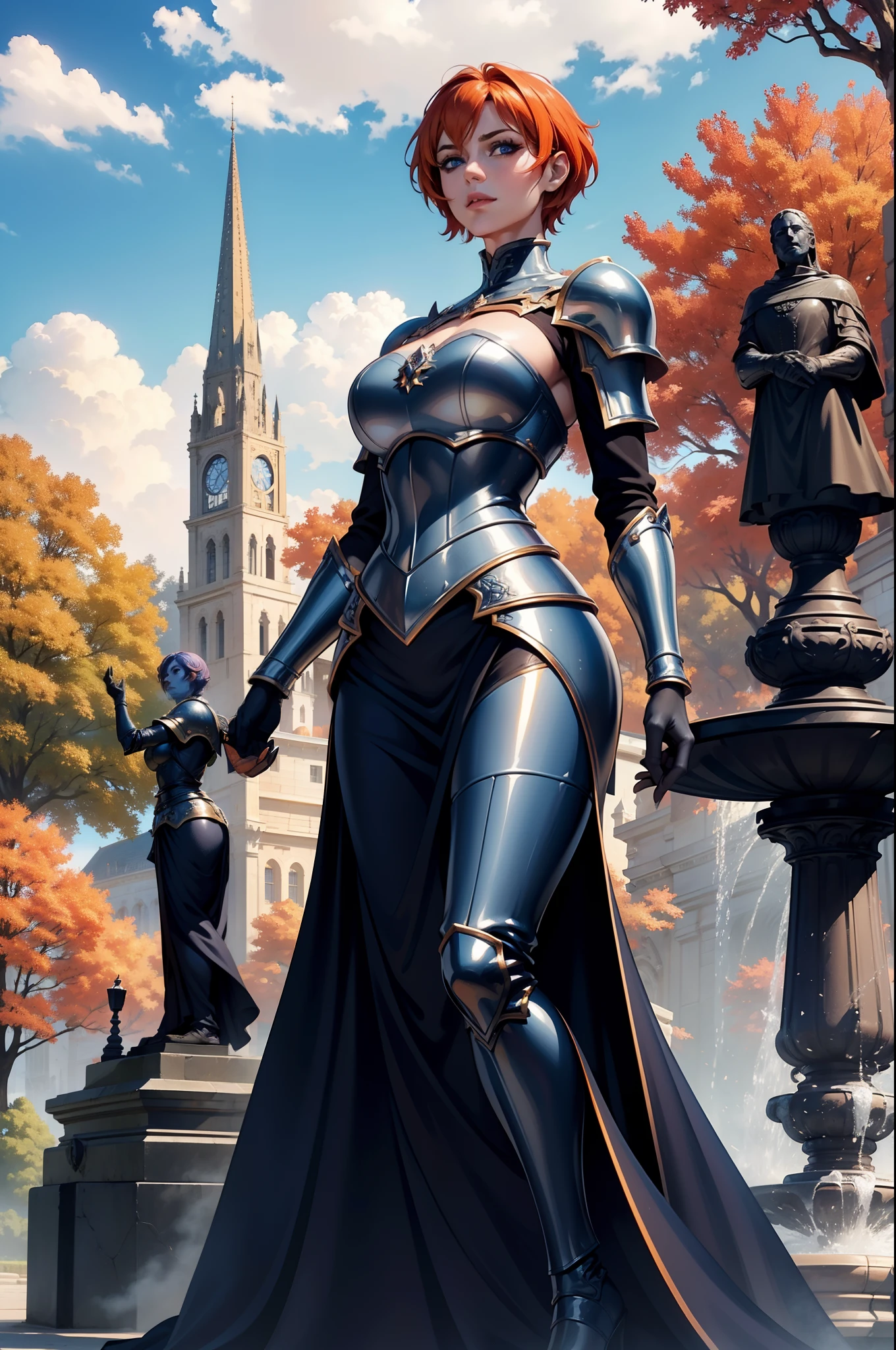 A beautiful and wonderful woman, extremely detailed, short orange hair, wearing extremely detailed Gothic armor, blue eyes in a fountain with statues in a medieval public square palace, blue sky full of clouds and fluttering autumn trees, cover 8k in an imposing position;