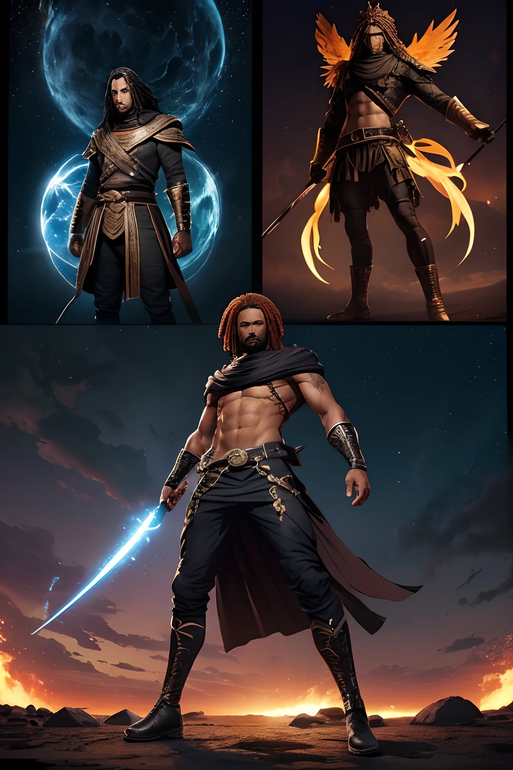 Create an image of a black ninja after an apocalypse in the future, afro cabelo caindo para frente, Rasta type but braided, corpo inteiro, wearing an Indian costume African ribulo full body, A realistic 4K phoenix with blue orange feathers, dourado, cosmico , with a serious expression and looking forward, corpo inteiro.olhos firmes, olhando para frente, lightning in the sky, arms extended, olhando para frente, parado no topo de uma montanha, manto e capa vermelhos, cruz brilhante no ar ,Arte Luz Neon, no escuro da noite, Um  alto navega pelos mares iluminados pela ,..lua, estrelas, Colouring, circunstanciado, 4k  ((Estilo Art Vista de Corpo Inteiro, plano completo, vista frontal, Vista lateral, vista traseira, de personagem, Multiple views and poses, various points of view, um personagem, corpo inteiro, personagem com menos, estilo de roupa, no mesmo Estilo de cabelo, less Type of footwear, forte )):: ((whole body view, plano completo, vista frontal, vista traseira, design de personagem, Multiple views and poses, various points of view, de um personagem, corpo inteiro,, personagem com menos, estilo de roupa, no mesmo Estilo de cabelo, less Type of footwear))