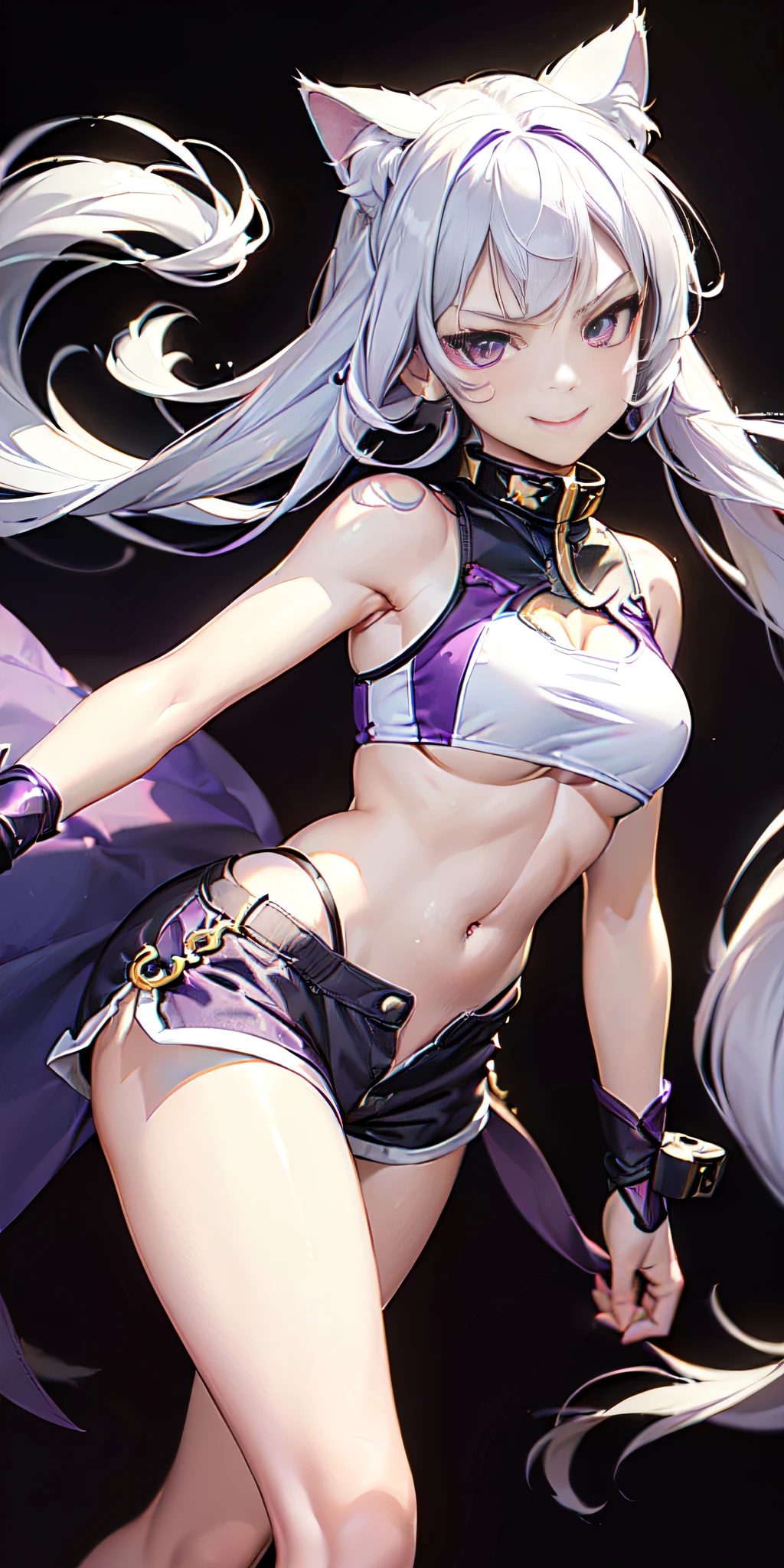 (( Girl, Long White Hair, Purple Eyes, Cat Ears, Superhero Uniform, Shorts, Sleeveless, Open Belly, Inner Sideboob, Smirk, Masterpiece, High Quality))