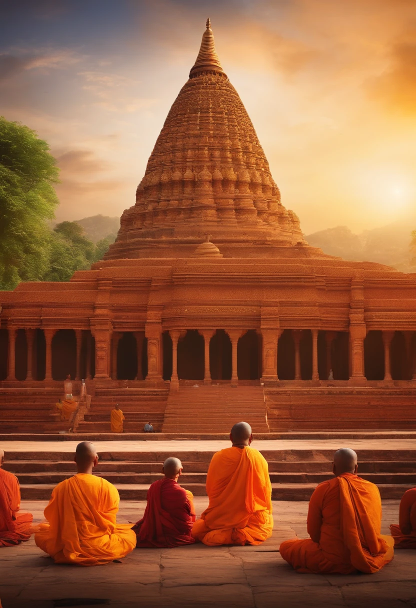 People listening to Buddha's story, Magnificent Buddhist temple in the background,Tower of Babel,Ancient India, Mystical temple, monks, glowing temple in distance, , buddhism, A meditative, budista, mystical setting, mysterious temple setting