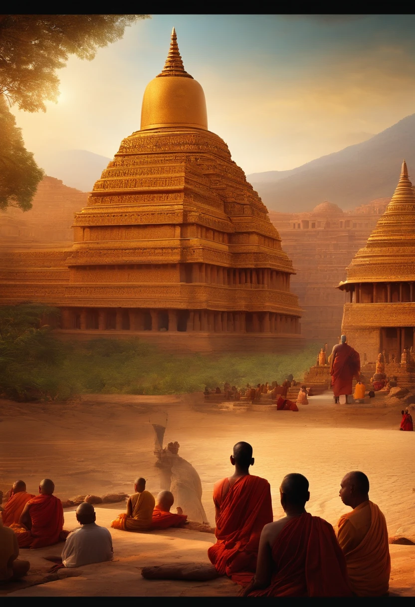 People listening to Buddha's story, Magnificent Buddhist temple in the background,Tower of Babel,Ancient India, Mystical temple, monks, glowing temple in distance, , buddhism, A meditative, budista, mystical setting, mysterious temple setting