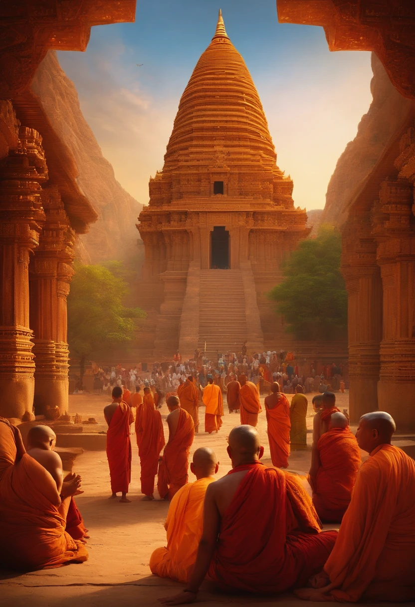 People listening to Buddha's story, Magnificent Buddhist temple in the background,Tower of Babel,Ancient India, Mystical temple, monks, glowing temple in distance, , buddhism, A meditative, budista, mystical setting, mysterious temple setting