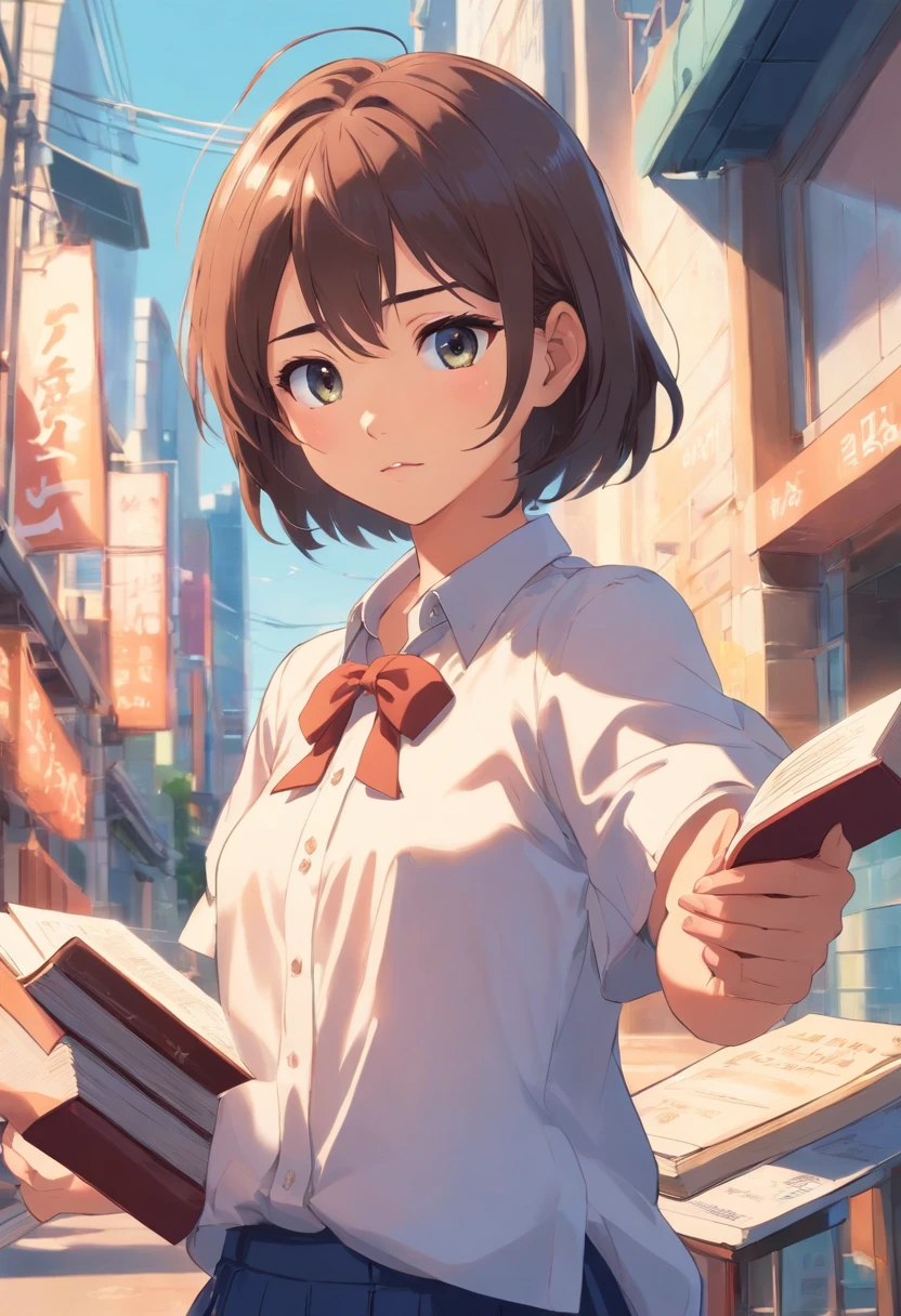 Blouse-clad girl, pointing at you and scolding , holding a book in left hand.
