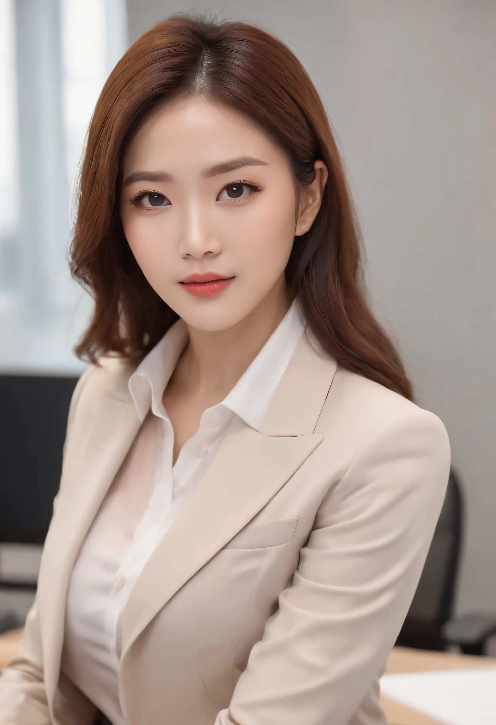 hight resolution, Realistic portrait of professional Korean office lady with perfect skin,Professional suit,Women's Suits,standing athletic pose,The upper part of the body,Women at work,Show confidence and maturity, Surrounded by a modern corporate environment, Vivid and naturally illuminated highlights. Artwork should highlight her elegant facial features, Including an attractive long eye, Fluttering eyelashes and seductive lips. The scene is、Should be enhanced with elements of professionalism and visual appeal,For example, Stylish work desk, Mainframe Computers, High-resolution display, And complex stationery. The overall tone should be warm and professional, Has a soft and natural color palette. Artwork must exude professionalism, Success, And cultural pride,the background is blurred