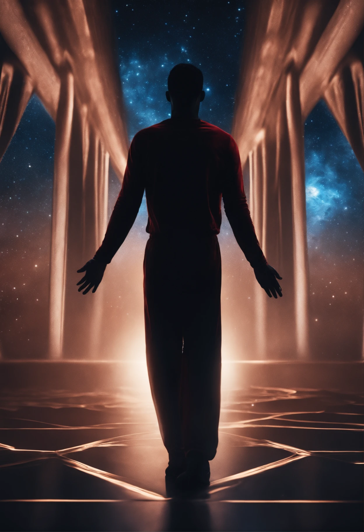Cosmic dust and interstellar matter,The silhouette of the human body formed by molecular clouds and gas clouds,ultra-realistic realism,Incredible,Spectacular,Magical scenes,Blue and red sparkling stars,Surrealistic rendering,8K,linear art,Streamer-like silhouette,Do not appear specific details of the human body's facial features,Line character shape
