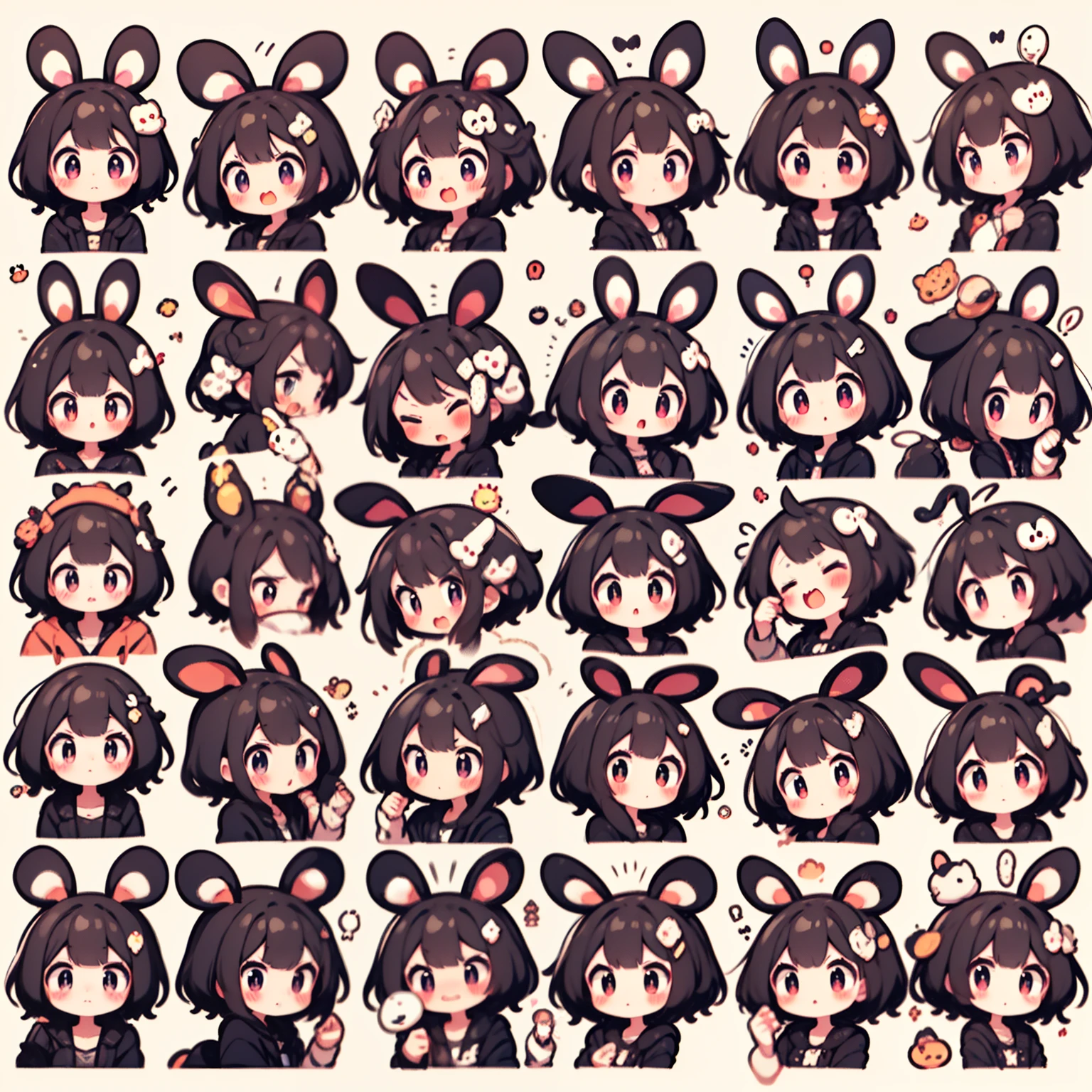 cute chibi girl, Black long hair, bunny ear, emoji pack, (9 emojis，emoji sheet，Align arrangement)，9 poses and expressions（Grieving，astonishment，having fun，excitement，big laughter，Angry，doubt，Touch your head，shy, wait），Anthropomorphic style，Disney style，Black strokes，Different emotions，9 poses and expressions，8K