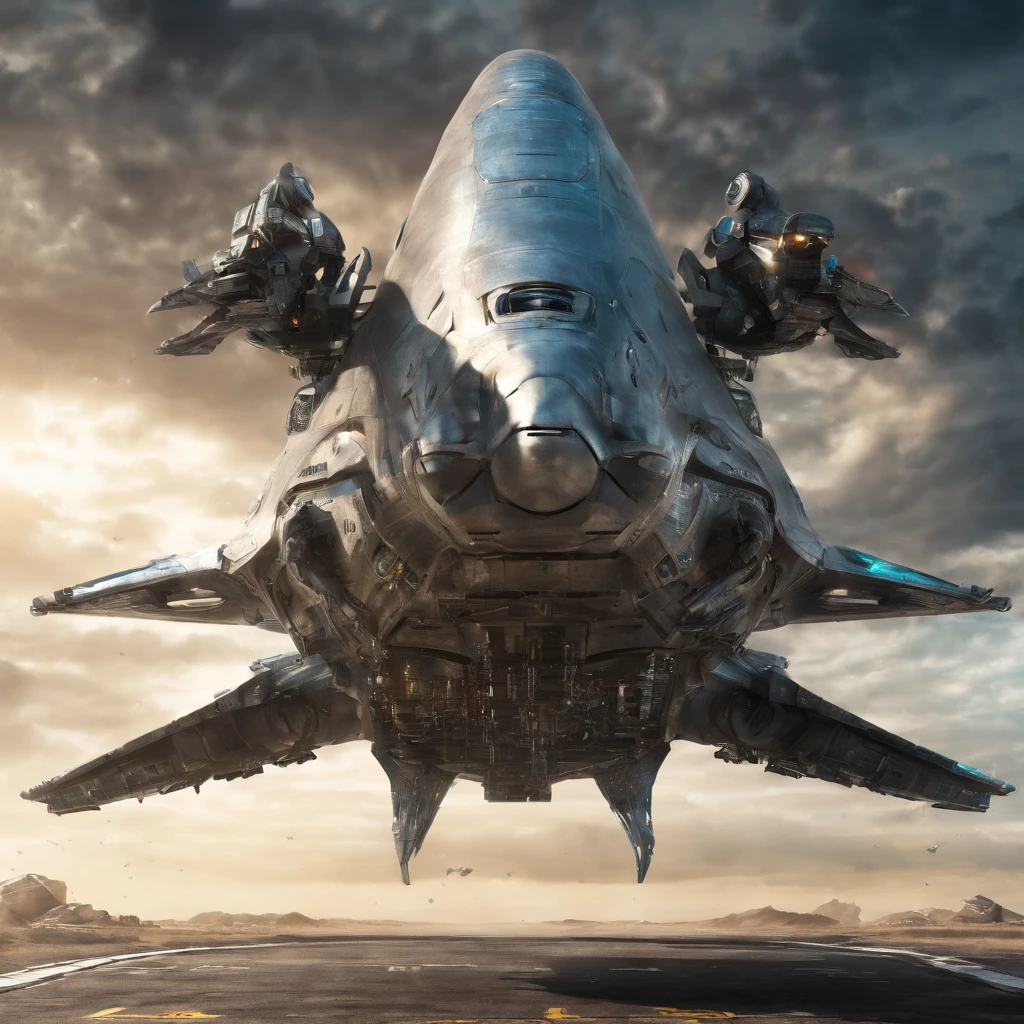 Spaceship with metal dolphin appearance, plastic, blindagem Liza. planos futurista fundo nave de guerra em forma futurista voando 4k