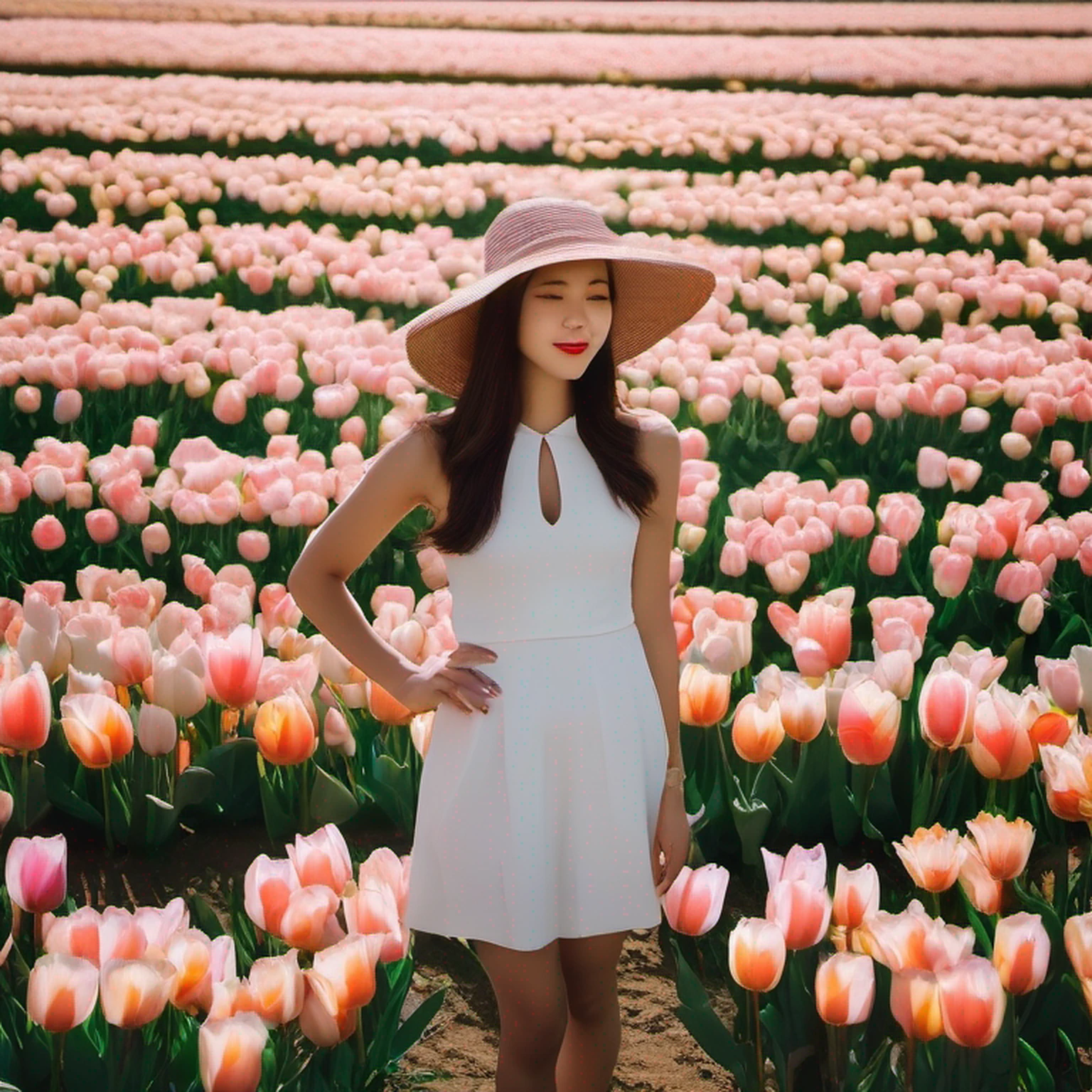 There is a beautiful Chinese woman standing in a field of tulips with a sun hat and wearing a white halter dress, longos cabelos castanhos ondulados, wearing sunglasses, alto e magro, Beautiful, sorriso sutil, Standing in the field of tulips, standing in a flower field, Woman standing in tulip field, girl standing in a flower field, standing in a field with flowers,  em um campo de flores, com campos de flores em primeiro plano, em um campo de flores, campos de flores, girl standing in flower field@VladyPolansky