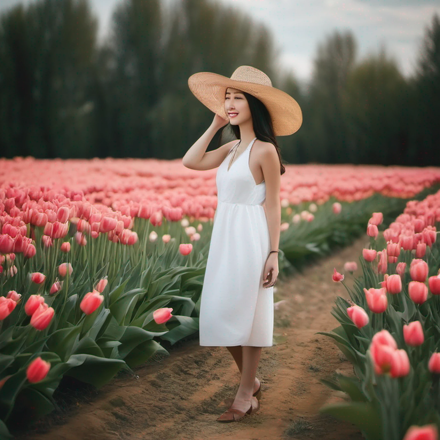There is a beautiful Chinese woman standing in a field of tulips with a sun hat and wearing a white halter dress, longos cabelos castanhos ondulados, wearing sunglasses, alto e magro, Beautiful, sorriso sutil, Standing in the field of tulips, standing in a flower field, Woman standing in tulip field, girl standing in a flower field, standing in a field with flowers, menina em um campo de flores, com campos de flores em primeiro plano, em um campo de flores, campos de flores, girl standing in flower field@VladyPolansky