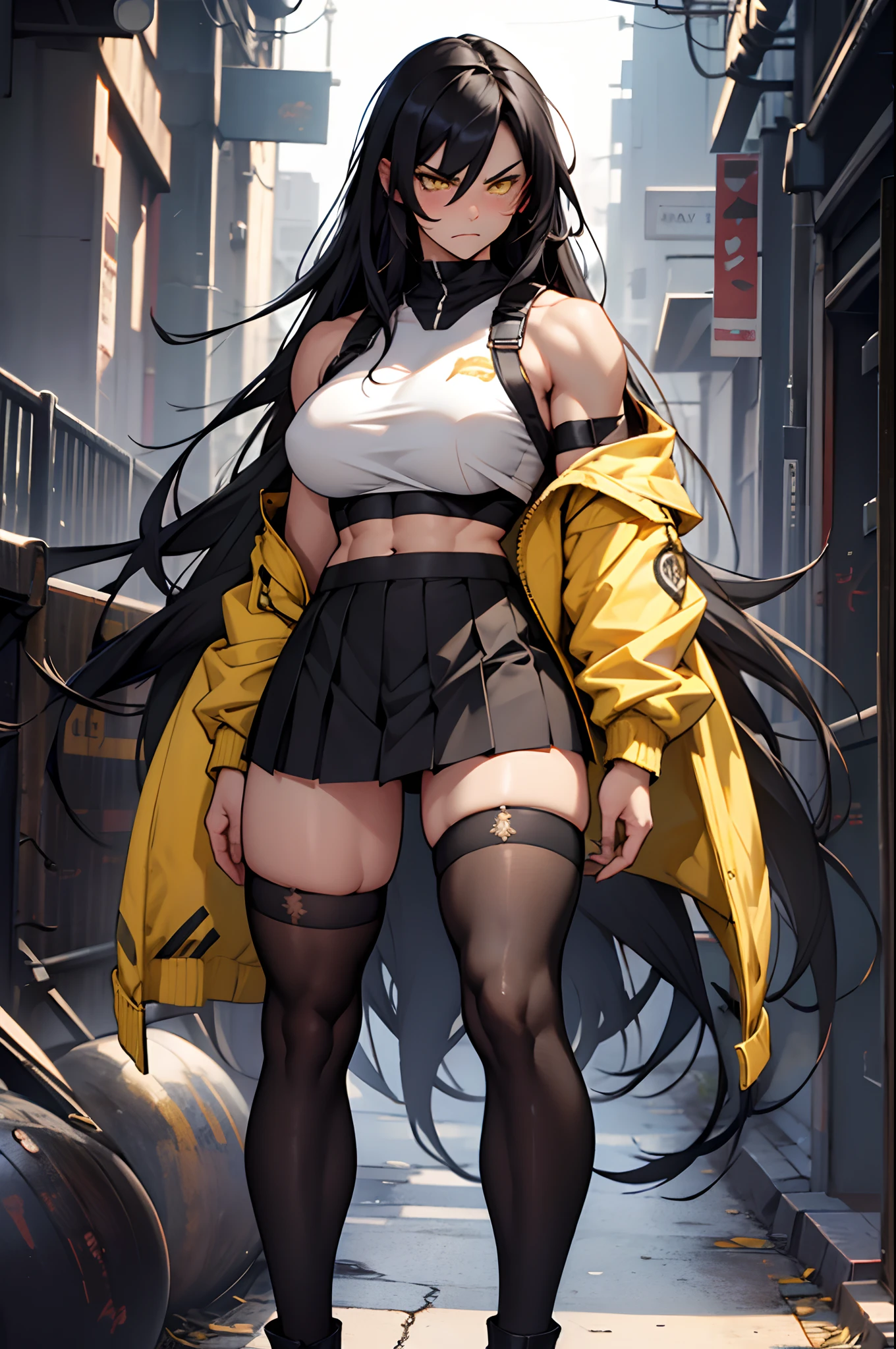 1 girl, extremely long hair, solo, ((muscular)), veins, black hair, yellow eyes, blushing, thick thighs, pale skin, strong, veins, abs, big thighs, huge breasts, navel, standing, angry, (stockings), skirt, crop top