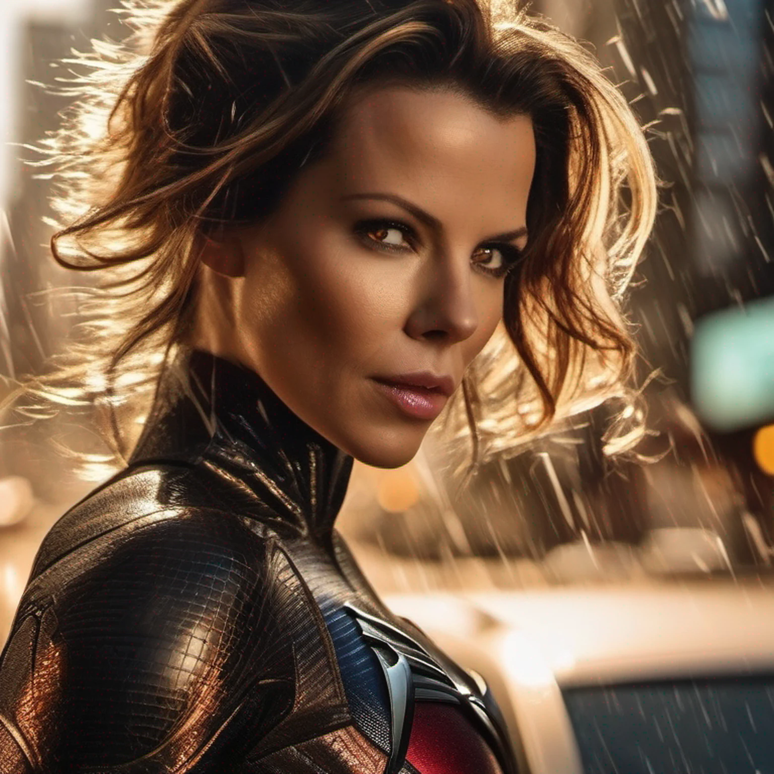 Kate Beckinsale em traje marrom detalhado do Homem-Aranha, seios grandes, super hero pose, Standing in the city raining at sunset, hiperdetalhado, smoke billowing, Sparks, raios solares, (8k), realista, symmetr, Concedido, cinematographic lightning, Encharcado, filmes, 75 millimeters, Scratches, foto de corpo inteiro, Close-up, roupas rasgadas e sujas, rosto detalhado