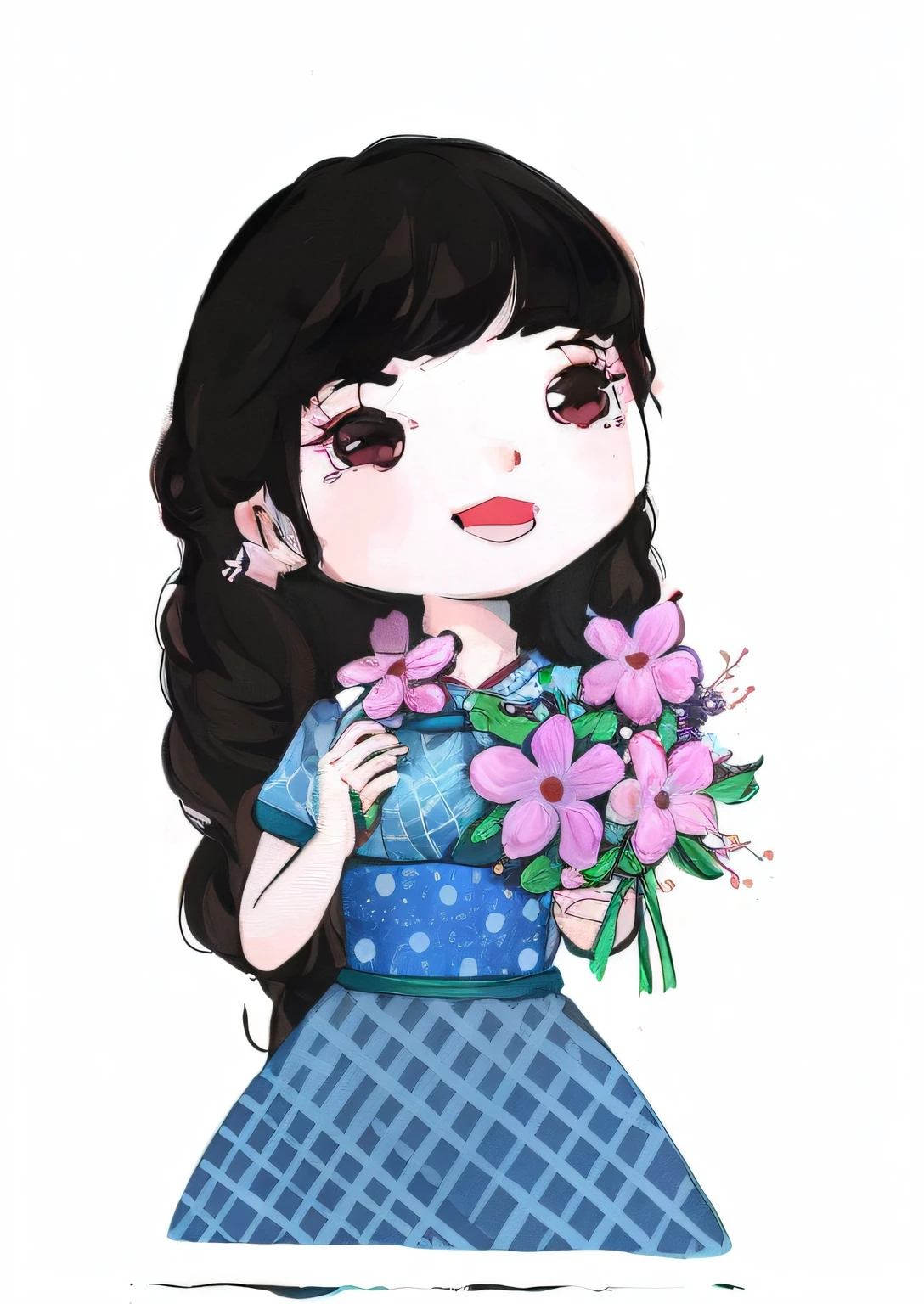 Cartoon girl with flowers in hand and a teddy bear, flores em seus cabelos escuros, com flores, menina com um rosto de flor, retrato feminino com flores, bela arte digital, menina com cabelo preto, senhora com vestido de flores brilhantes, vestido com um vestido de flor, inspirado em Kim Du-ryang, cute illustration, in illustration style digital, Arte tradicional