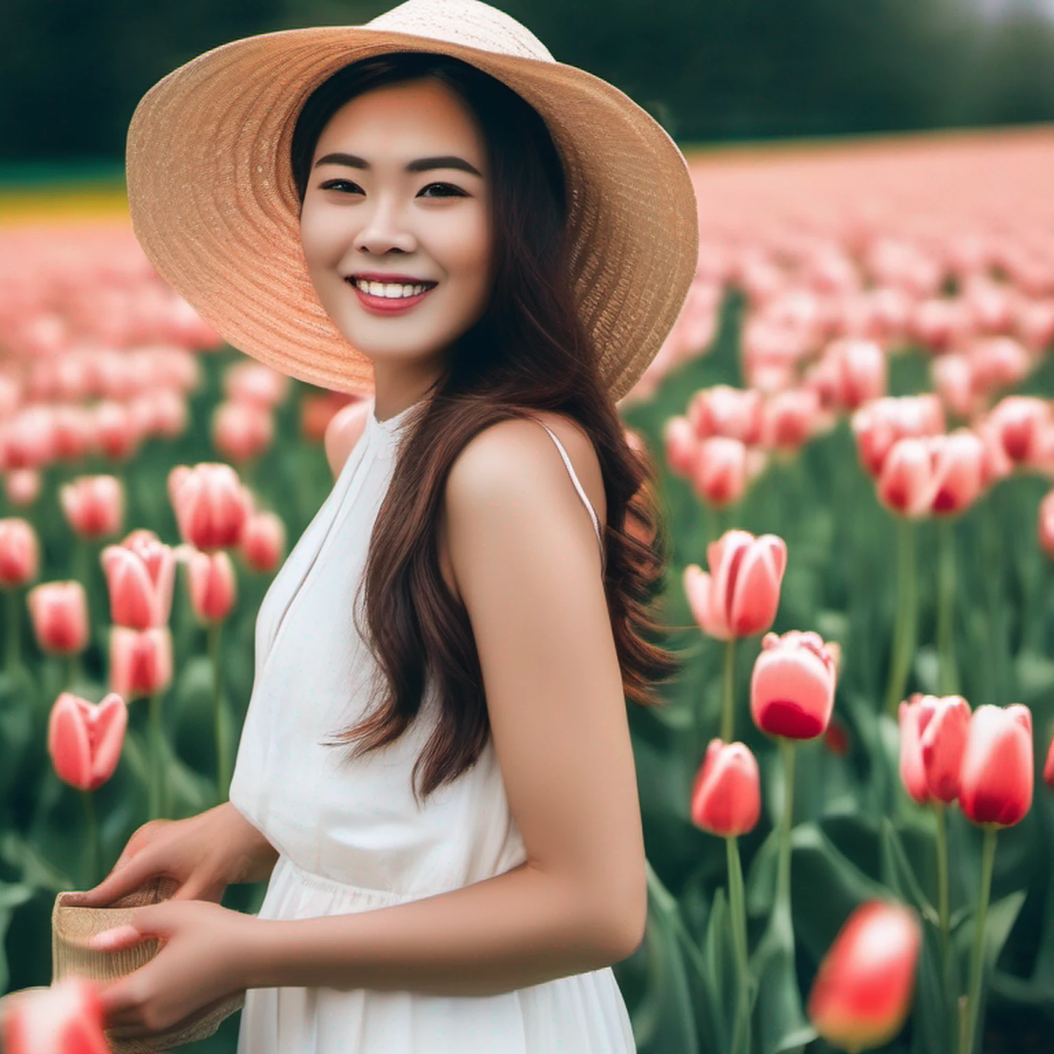 There is a beautiful Chinese woman standing in a field of tulips with a sun hat and wearing a white halter dress, longos cabelos castanhos ondulados, wearing sunglasses, alto e magro, Beautiful, sorriso sutil, Standing in the field of tulips, standing in a flower field, Woman standing in tulip field, girl standing in a flower field, standing in a field with flowers,  em um campo de flores, com campos de flores em primeiro plano, em um campo de flores, campos de flores, girl standing in flower field@VladyPolansky