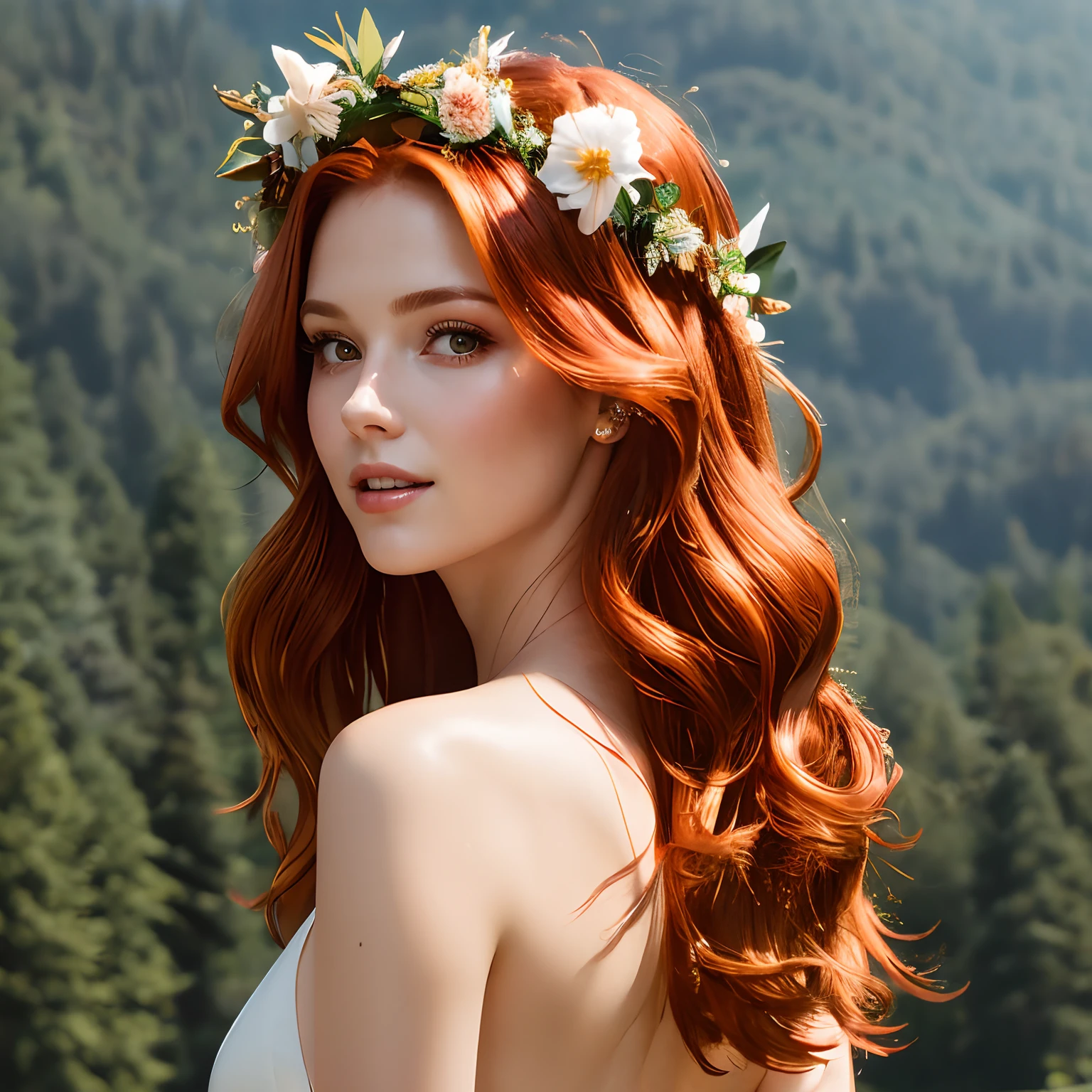 (masterpiece,  sharp focus),  ((closeup:1.5)),  A elegant 25 years old redhead woman ,  floating hair, light  smile,  voloptuous body, forest background,  volumetric light,  elegant summer dress,  focus face,  light rain on sun light,  red hair, Endsinger,  light fog,  flower crown