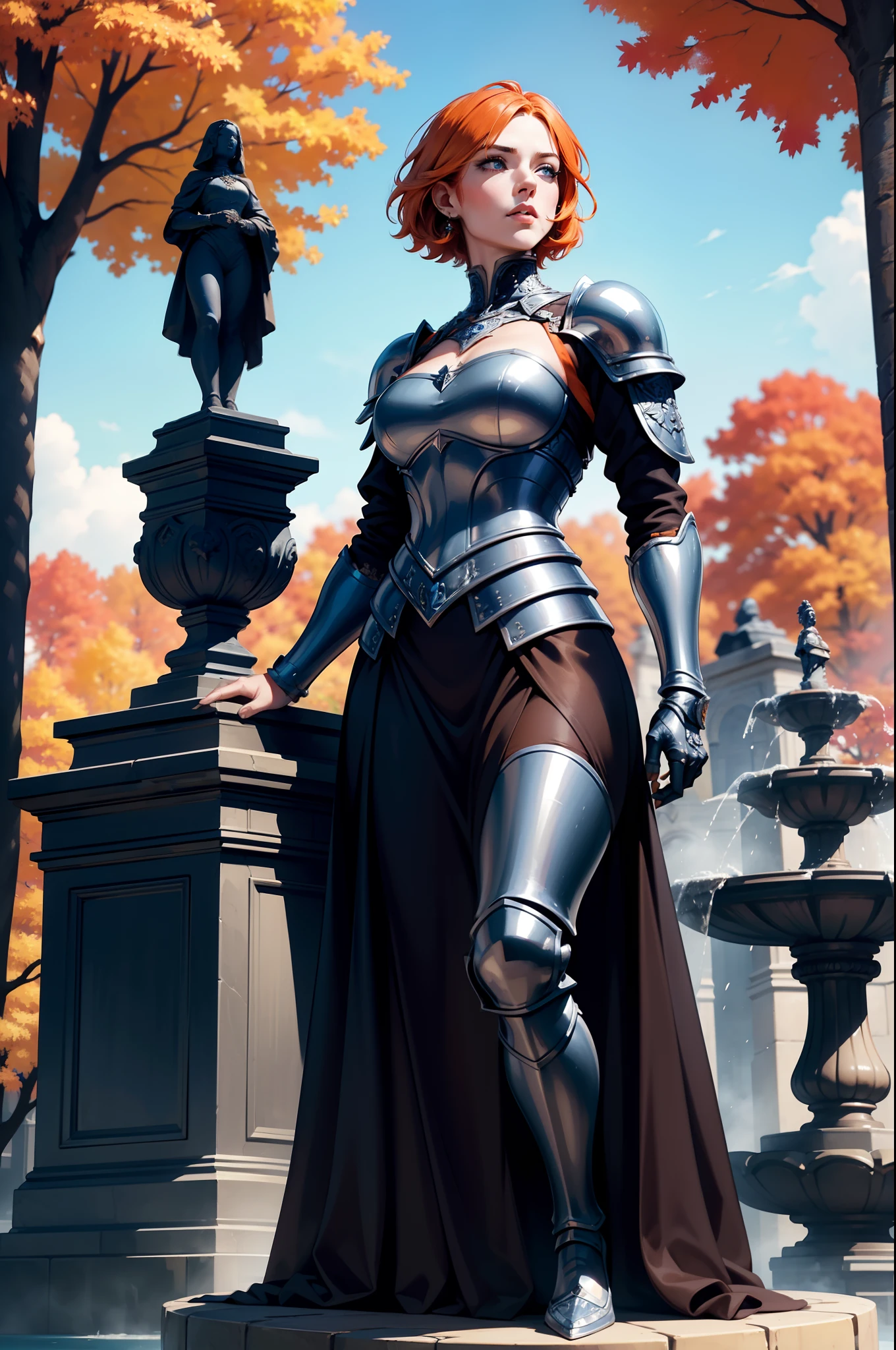 A beautiful and wonderful woman, extremely detailed, short orange hair, wearing extremely detailed Gothic armor, blue eyes in a fountain with statues in a medieval public square palace, blue sky full of clouds and fluttering autumn trees, cover 8k in an imposing position;
