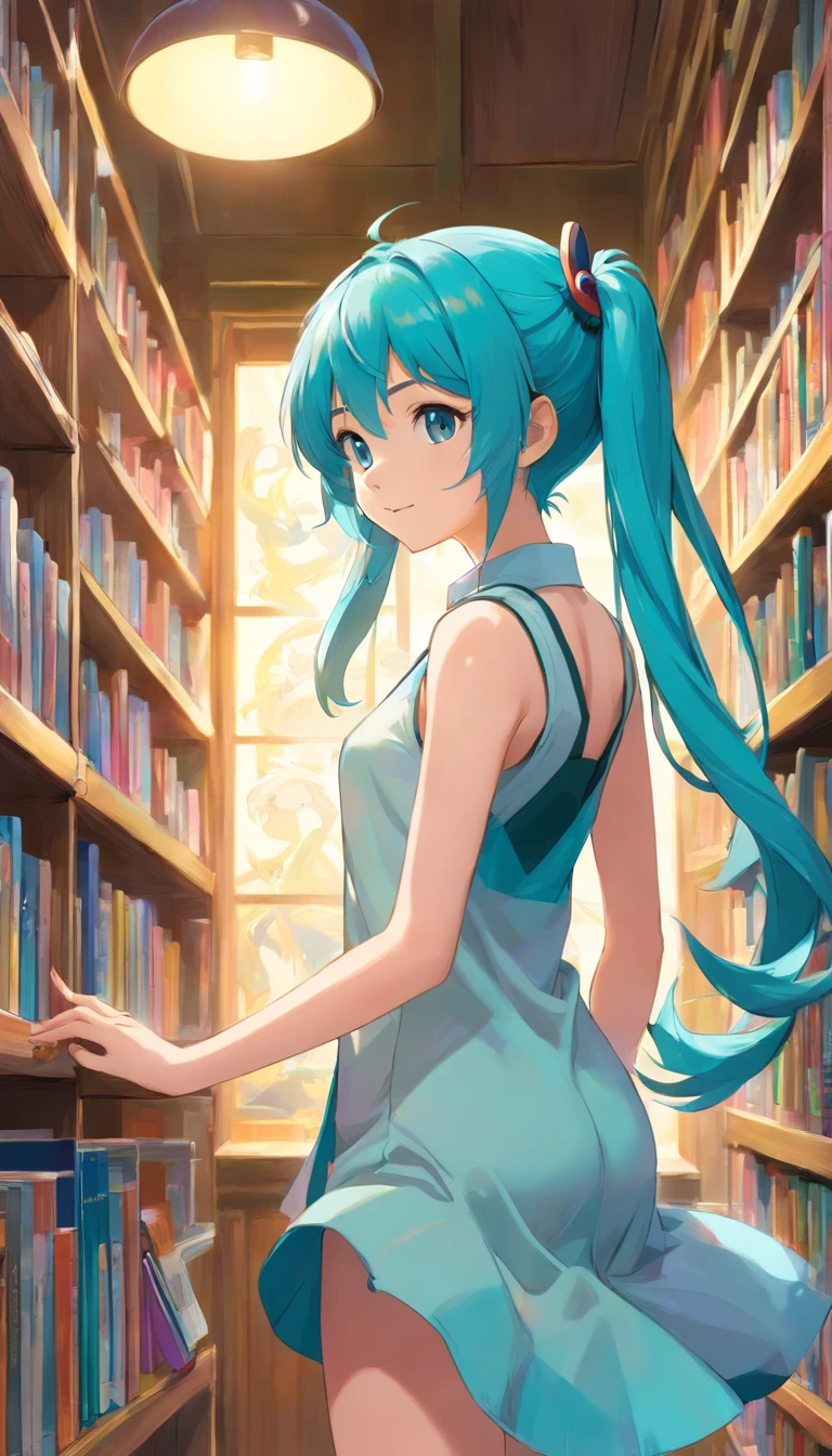 miku hatsune : 1.3, blue hair: 1.2, school uniform, Daytime: 1.2,In the library: 1.1, books, Film lighting, Surrealism, UHD, accurate, Super detail, textured skin, High detail, Best quality, 8k,Thin bangs, (colorful splashes),colorful bubble,(shining), focus on face, thick slender body, sleeveless, armpits, well drawn hands, arms reaching top of shelf